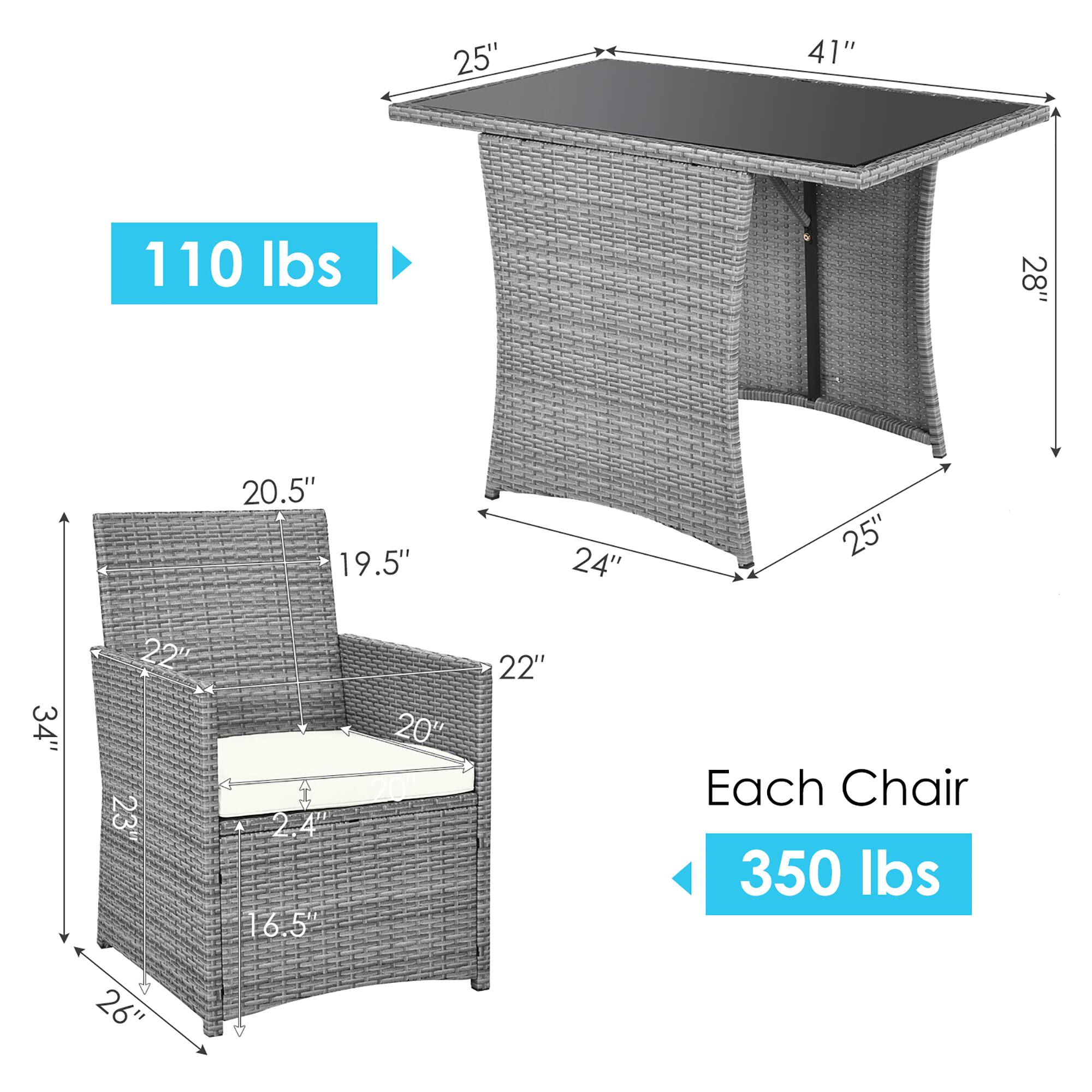 25", 41", 110 lbs, 28", 20.5", 19.5", 24", 25", 34", 22", 23", 2.4", 2", 16.5", 20", 20", 22", Each Chair, 350 lbs, 26"