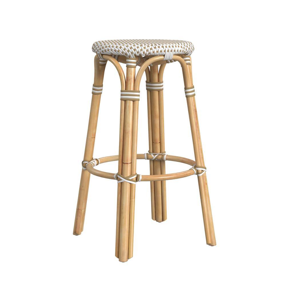 Alt View 1. Butler Specialty - Tobias Round Rattan 30" Bar Stool - White And Tan Dot.