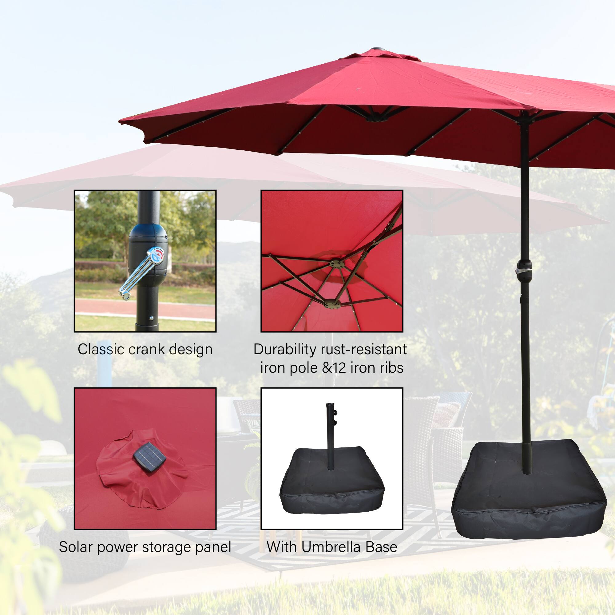 - Classic crank design
- Durability rust-resistant iron pole & 12 iron ribs
- Solar power storage panel
- With Umbrella Base