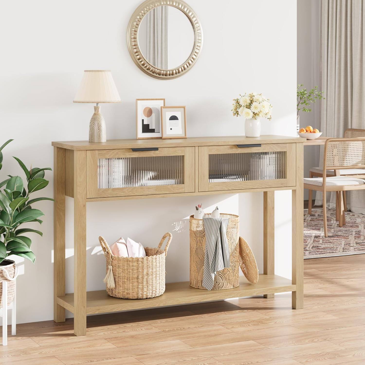 Front. Electrodes Masters - 2-Tier Entryway Table with Storage - Wood Sofa Table with 2 Glass Drawers, Burlywood - Natural.