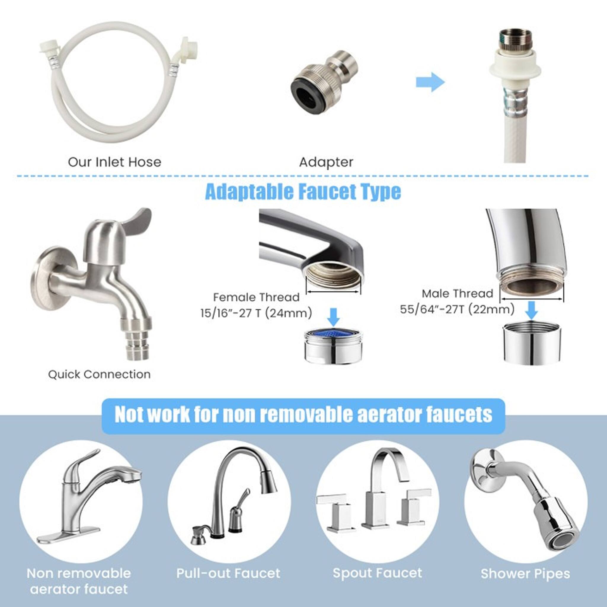 Our Inlet Hose Adapter

Adaptable Faucet Type
- Female Thread: 15/16"-27 T (24mm)
- Male Thread: 55/64"-27 T (22mm)
- Quick Connection

Not work for non removable aerator faucets

Faucet Types:
- Non removable aerator faucet
- Pull-out Faucet
- Spout Faucet
- Shower Pipes