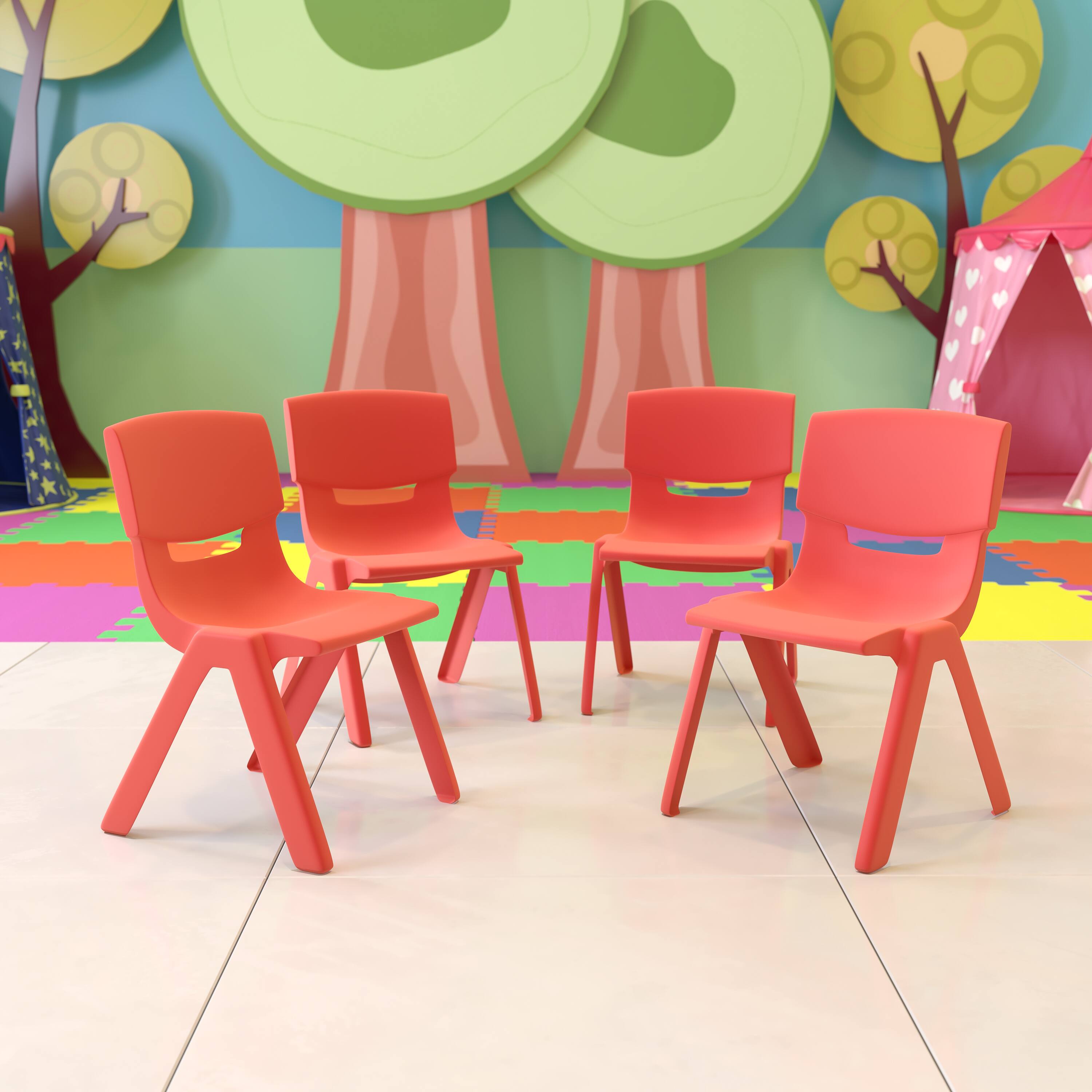 Alt View 2. Emma + Oliver - 4 Pack Plastic Stack School Chair with 12" Seat Height - Kids Chair - Red.