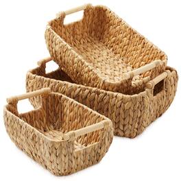 Casafield - Hyacinth Seagrass Oval Storage Baskets with Wooden Handles - Woven Bins - Natural - Hyacinth