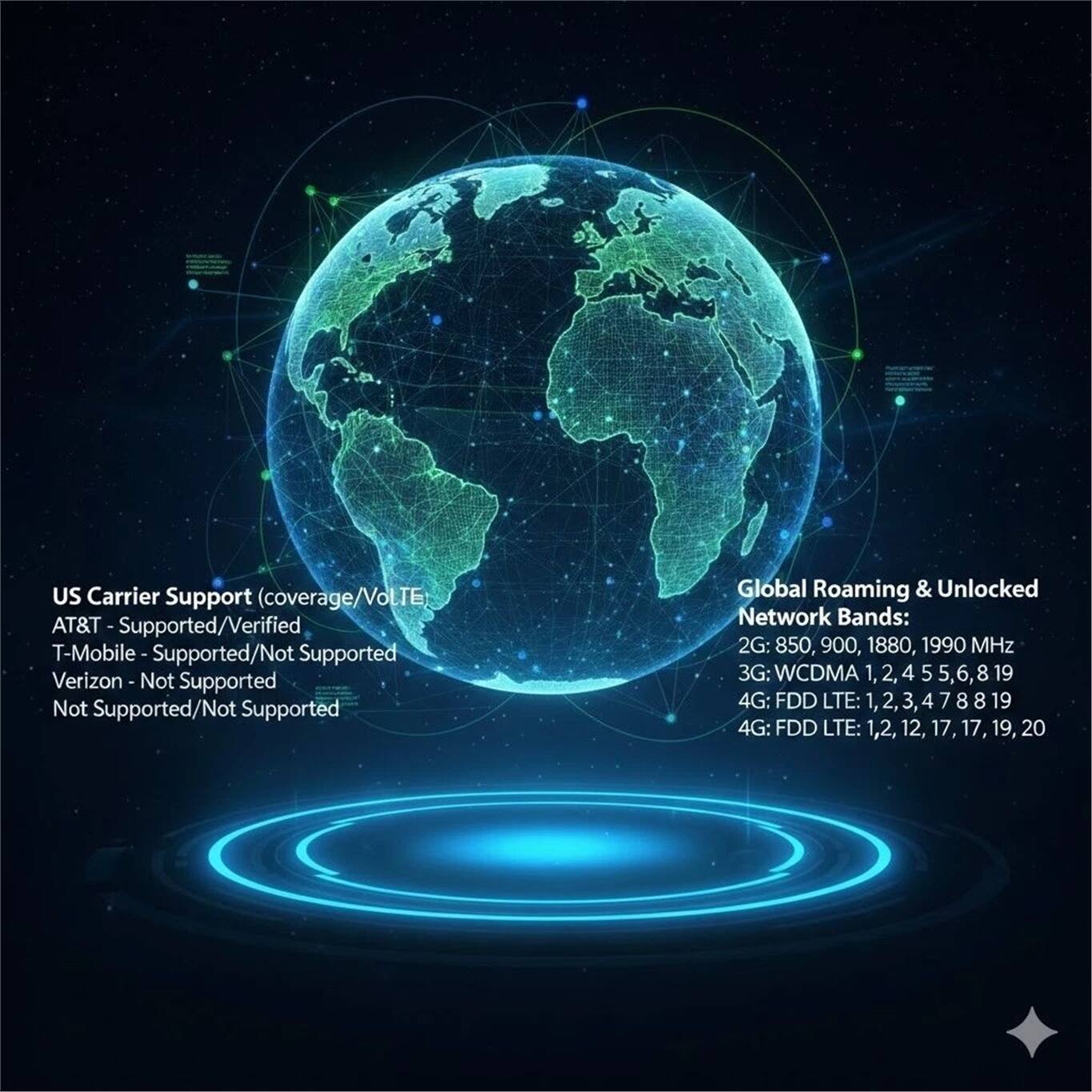 US Carrier Support (coverage/VolTE)
AT&T - Supported/Verified
T-Mobile - Supported/Not Supported
Verizon - Not Supported

Global Roaming & Unlocked Network Bands:
2G: 850, 900, 1880, 1990 MHz
3G: WCDMA 1, 2, 4, 5, 6, 8, 19
4G: FDD LTE: 1, 2, 3, 4, 7, 8, 19
4G: FDD LTE: 1, 2, 12, 17, 19, 20