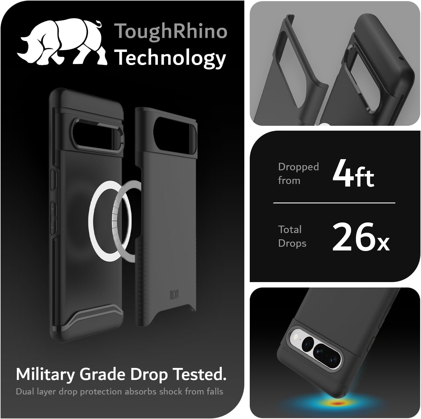 ToughRhino Technology

Dropped from 4ft

Total Drops 26x

Military Grade Drop Tested.
Dual layer drop protection absorbs shock from falls