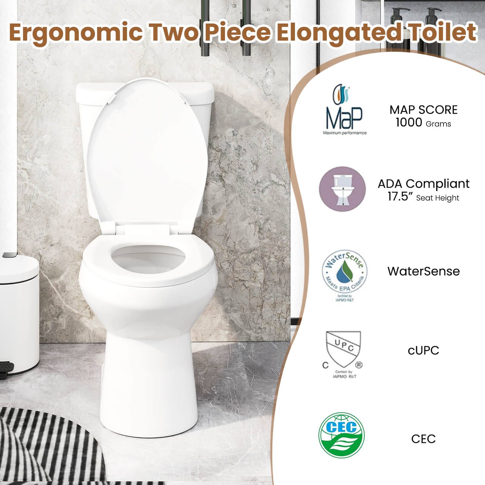 Ergonomic Two Piece Elongated Toilet

MAP SCORE  
1000 Grams

ADA Compliant  
17.5" Seat Height

WaterSense

cUPC

CEC