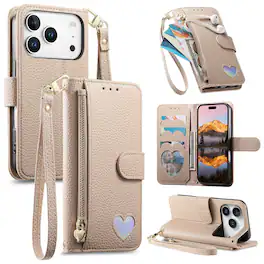 Dteck - PU Leather Wallet Case for Apple iPhone 17 Pro Max with Wrist Strap Zipper Pocket, Protective Folio Kickstand Cover - Khaki