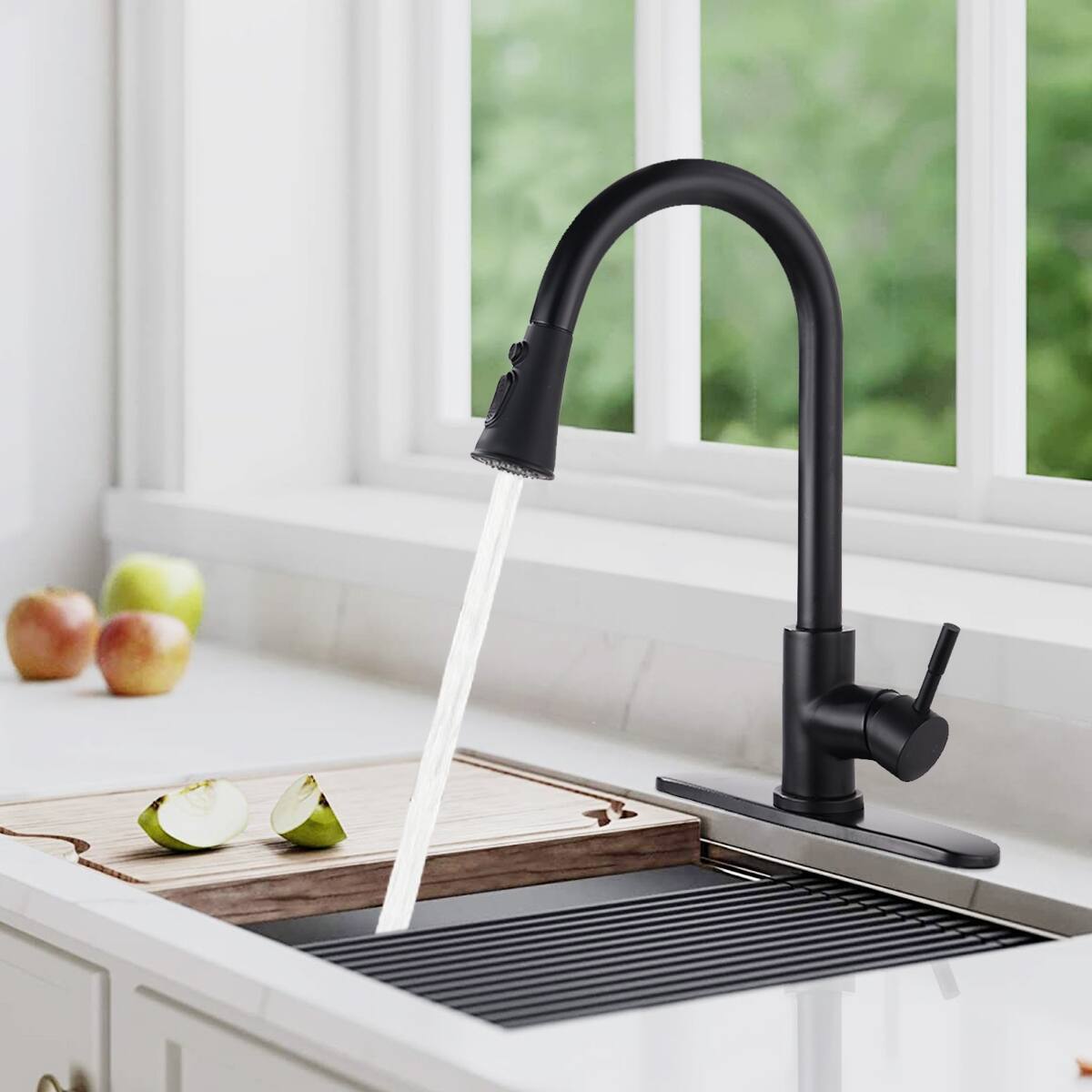 Back. Ropilly - Ropilly Matte Black Pull Down Kitchen Faucet, Stainless Steel High Arc Faucet with Sprayer - Matte Black.
