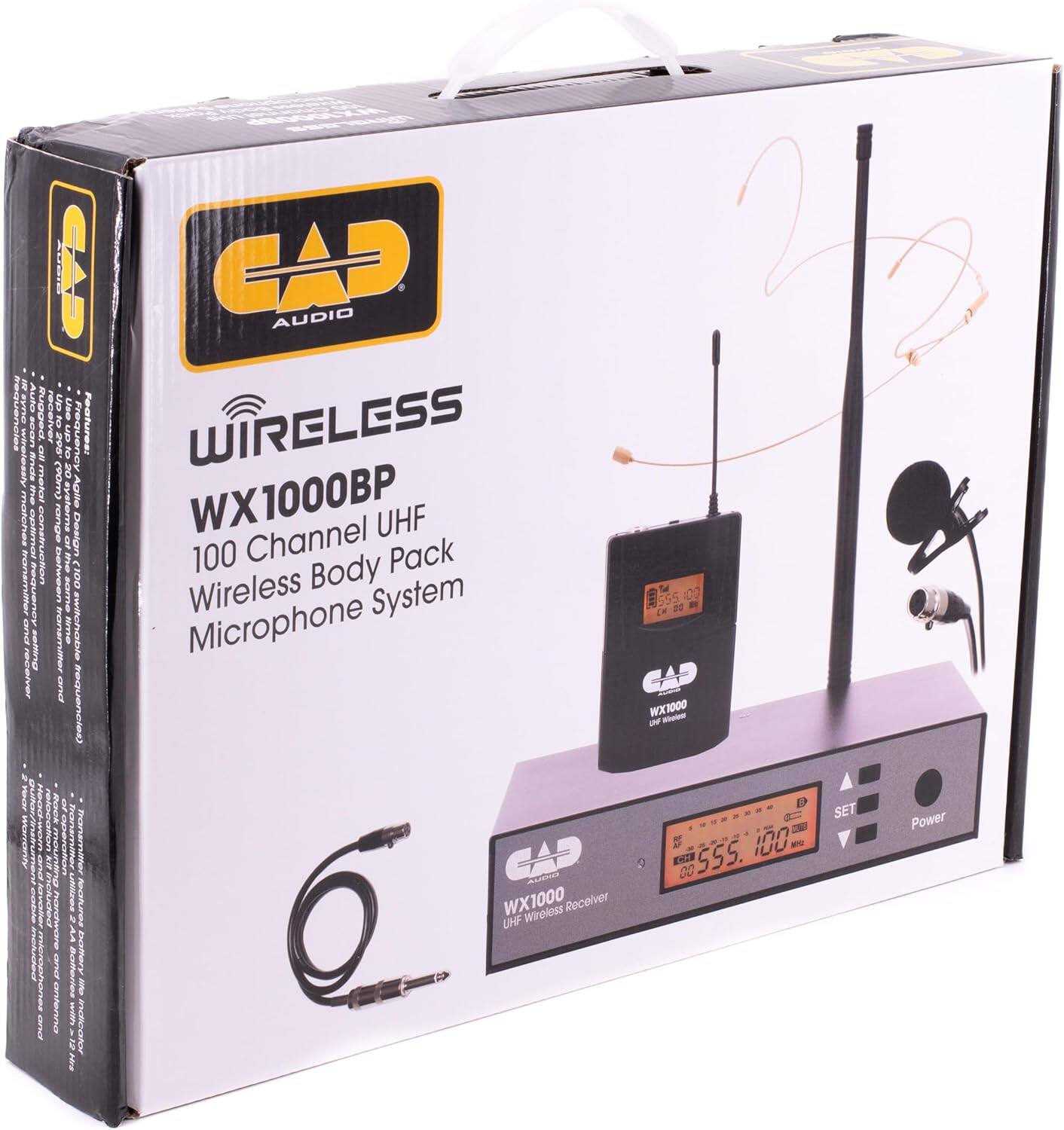CAD AUDIO  
WIRELESS  
WX1000BP  
100 Channel UHF  
Wireless Body Pack  
Microphone System  

Frequency Features:  
WIRELESS  
WX1000BP  
100 Channel UHF  
Wireless Body Pack  
Microphone System  

WX1000 UHF Wireless Receiver  
WX1000 UHF Wireless Receiver  

CAD AUDIO  
WX1000 UHF Wireless Receiver