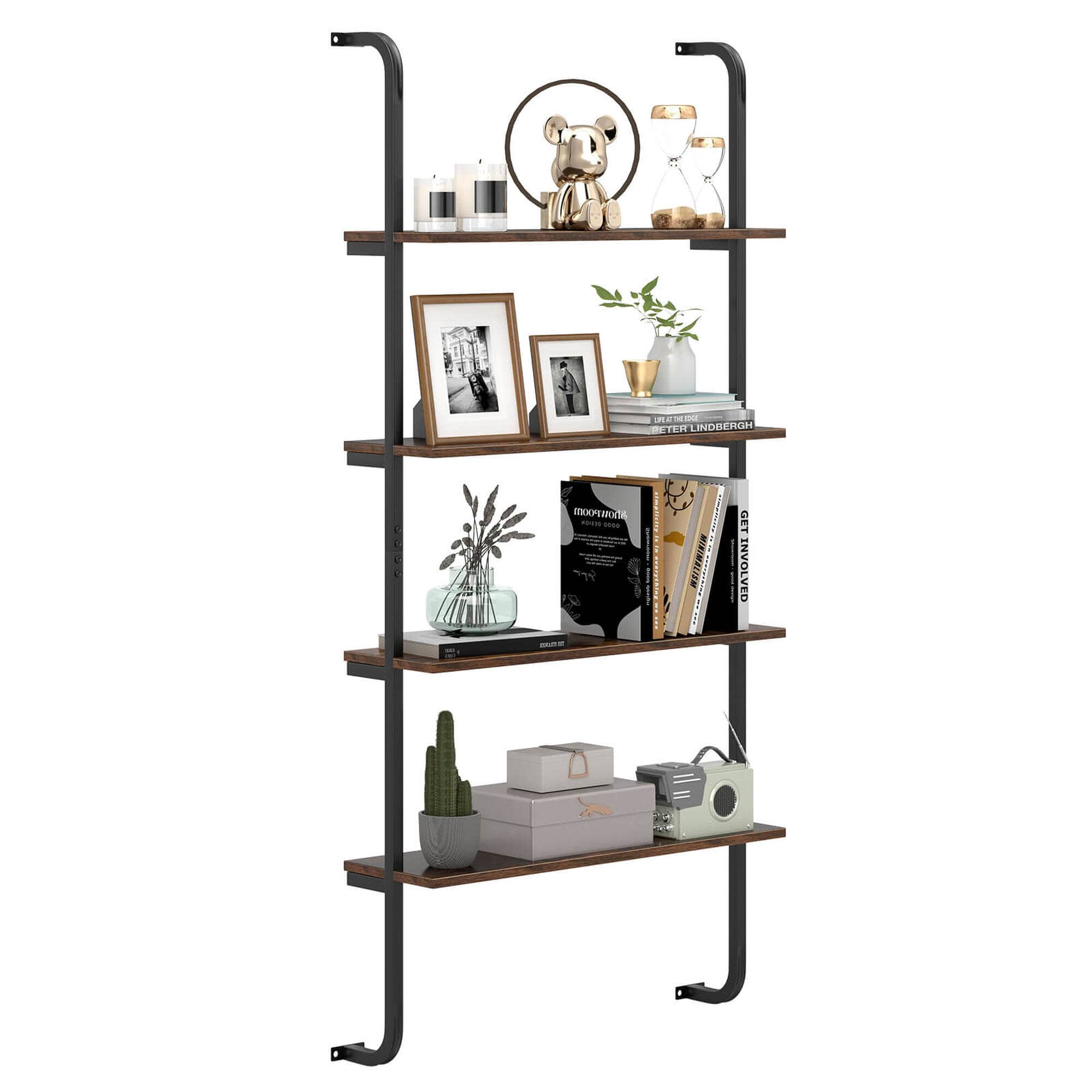 Costway - 1 PCS 4-Tier Wall-mounted Ladder Shelf Display Bookshelf with Heavy-duty Metal Frame - Coffee & Black