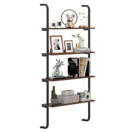 Costway - 1 PCS 4-Tier Wall-mounted Ladder Shelf Display Bookshelf with Heavy-duty Metal Frame - Coffee & Black