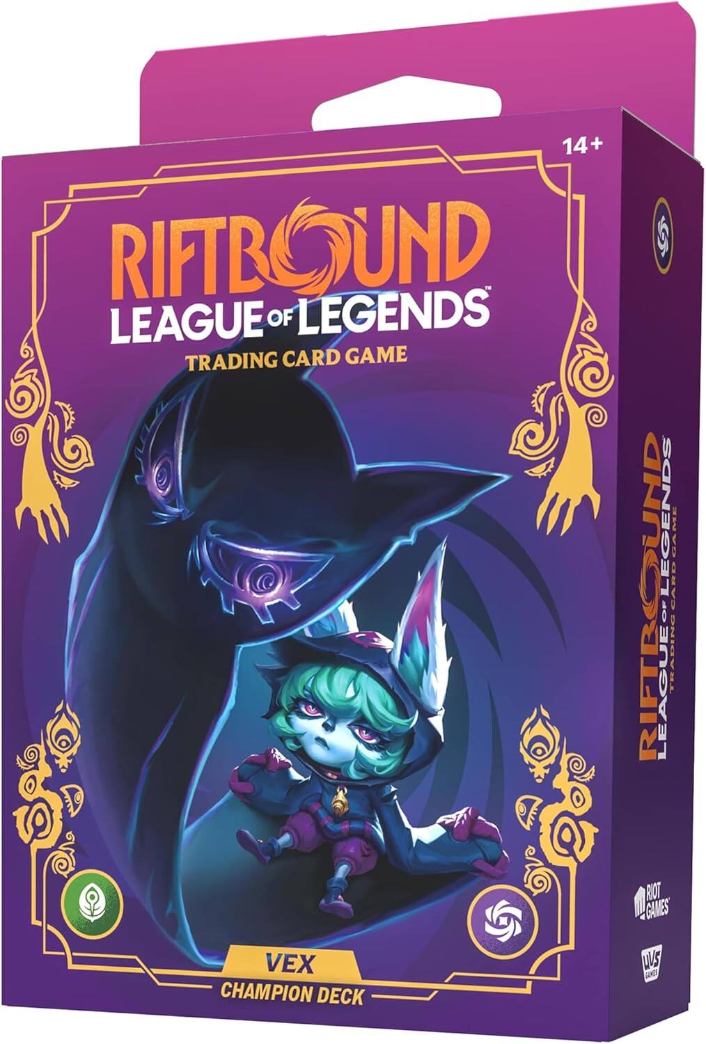 14+ RIFTBOUND LEAGUE OF LEGENDS TRADING CARD GAME  
RIFTBOUND LEGENDS CARD  
SAME OF RIFTBOUND LEAGUES  
NISVUL RIOT GAMES  
VEX CHAMPION DECK  
US