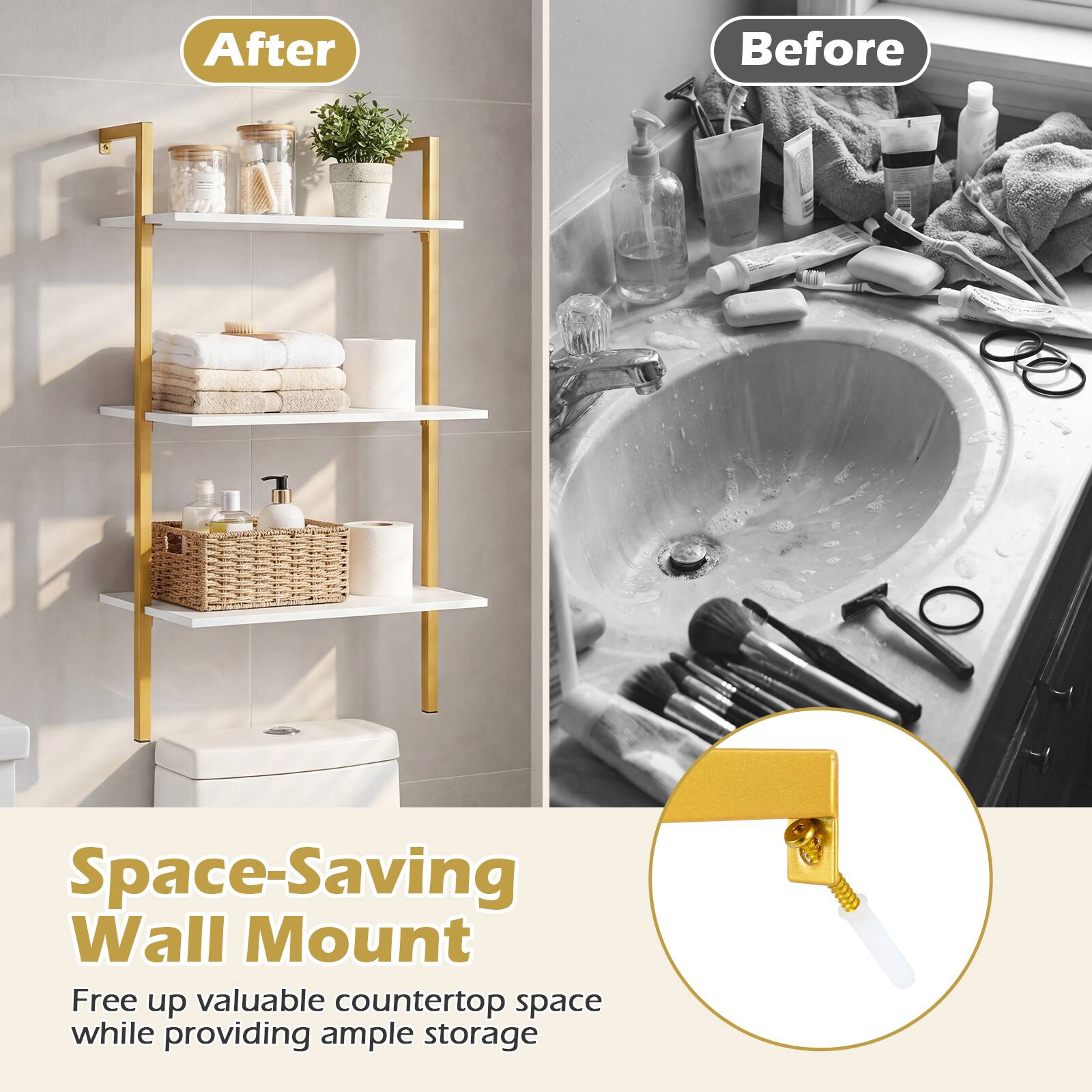 After Before Space-Saving Wall Mount Free up valuable countertop space while providing ample storage