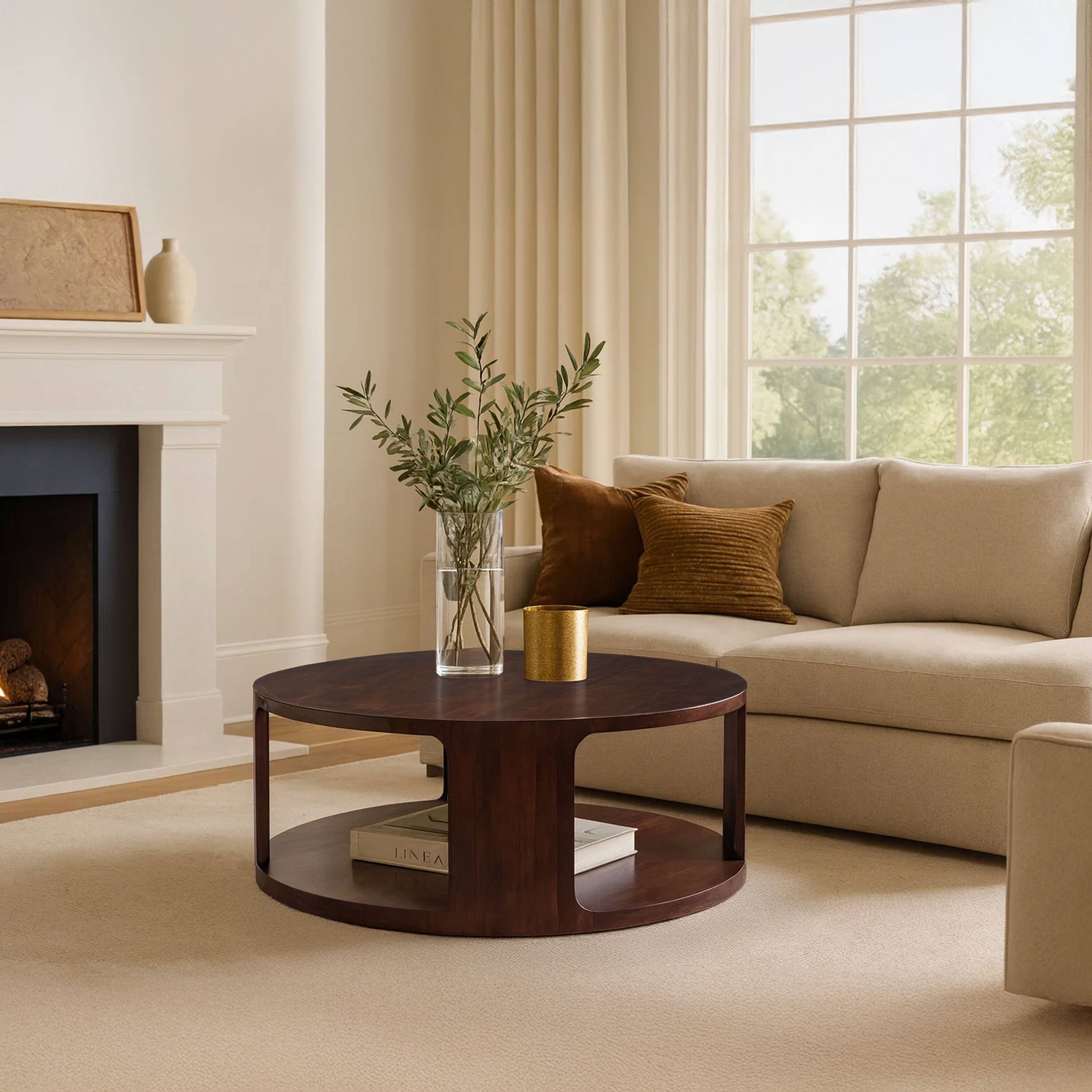 Alt View 5. Manhattan Lane - Bard Coffee Table, 38 Inch Round Top with Shelf, Walnut Brown Mango Wood Sculptural Frame - Brown.