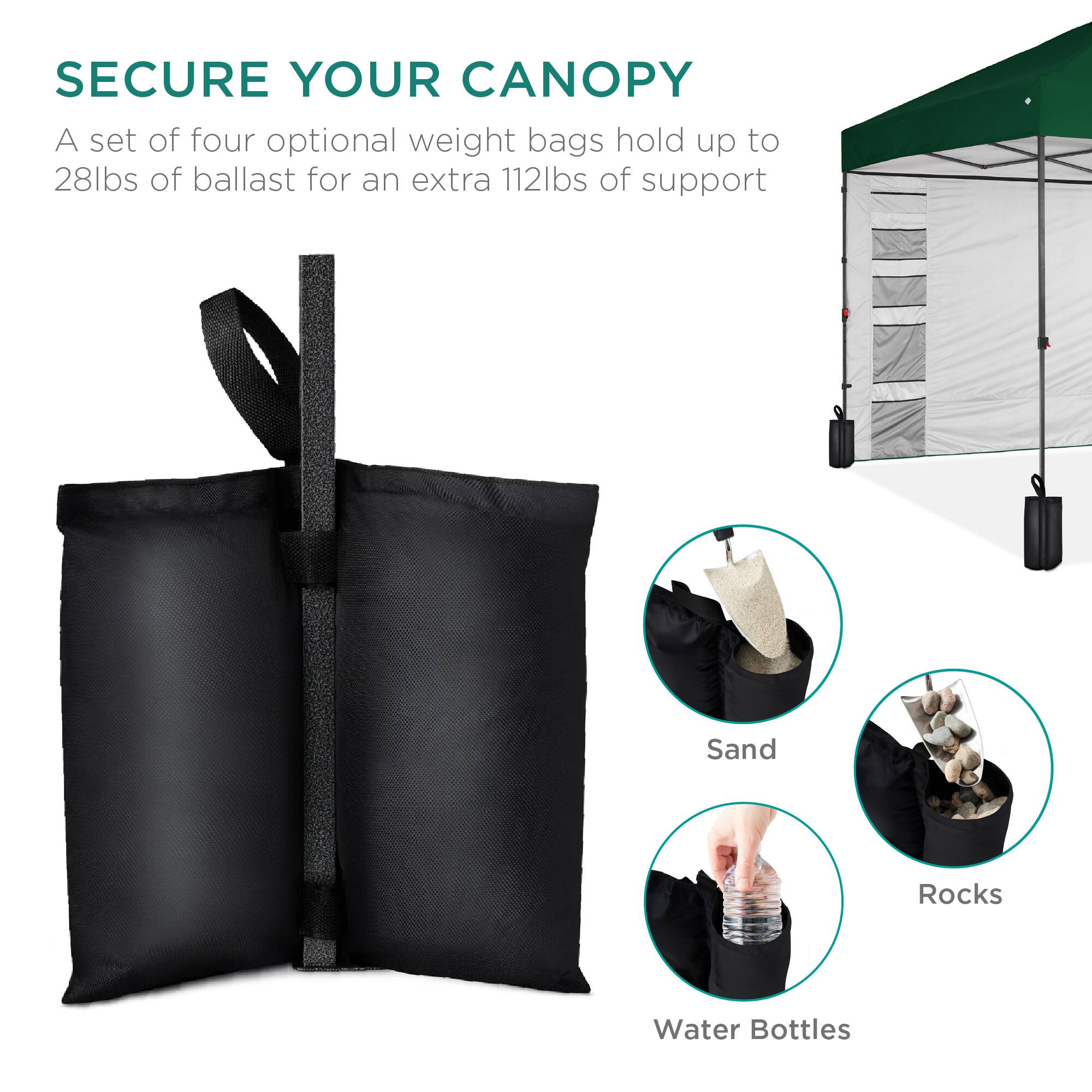 SECURE YOUR CANOPY

A set of four optional weight bags hold up to 28lbs of ballast for an extra 112lbs of support

Sand  
Rocks  
Water Bottles