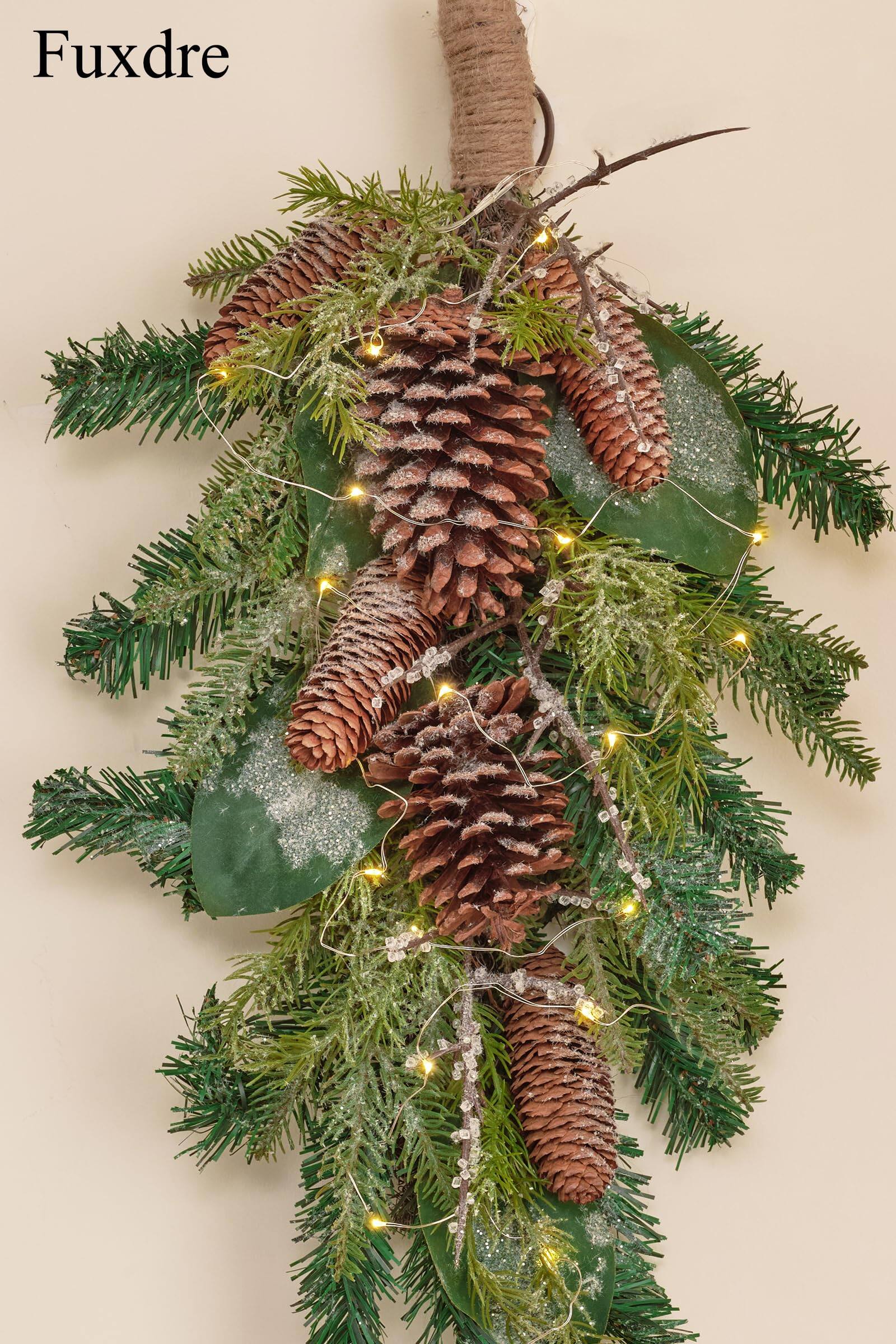 Front. Siljoy - 23" Pre-Lit Xmas Teardrop Swag | Pinecones & Ferns Door Decor - green.