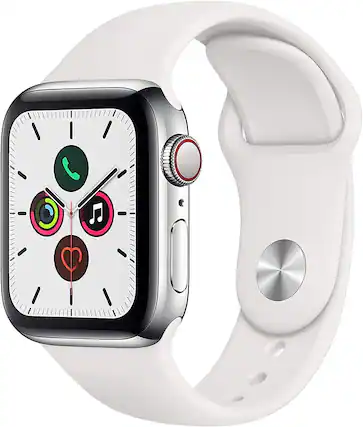 Front. Apple - Refurbished Watch Series 5 Stainless Steel 44mm A2095 (GPS + Cellular) - Silver.