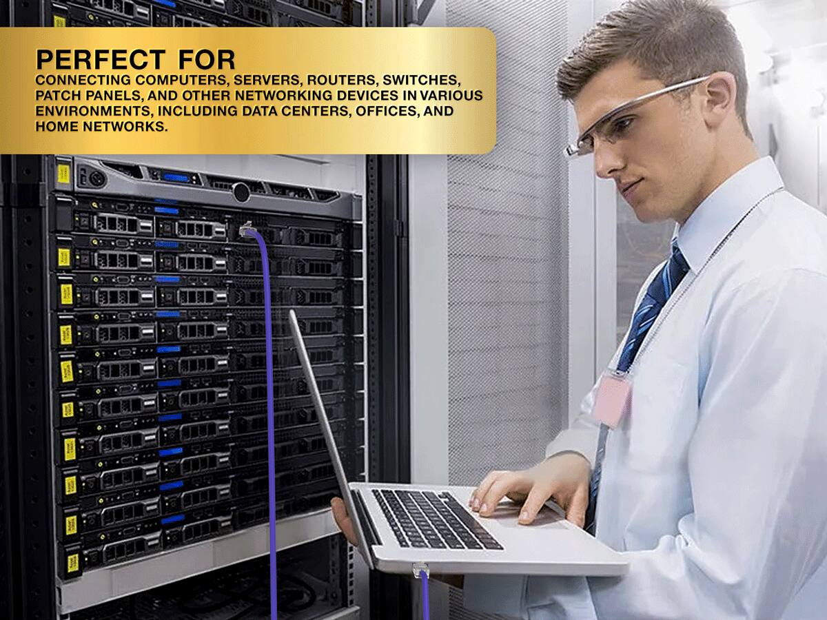 PERFECT FOR CONNECTING COMPUTERS, SERVERS, ROUTERS, SWITCHES, PATCH PANELS, AND OTHER NETWORKING DEVICES IN VARIOUS ENVIRONMENTS, INCLUDING DATA CENTERS, OFFICES, AND HOME NETWORKS.