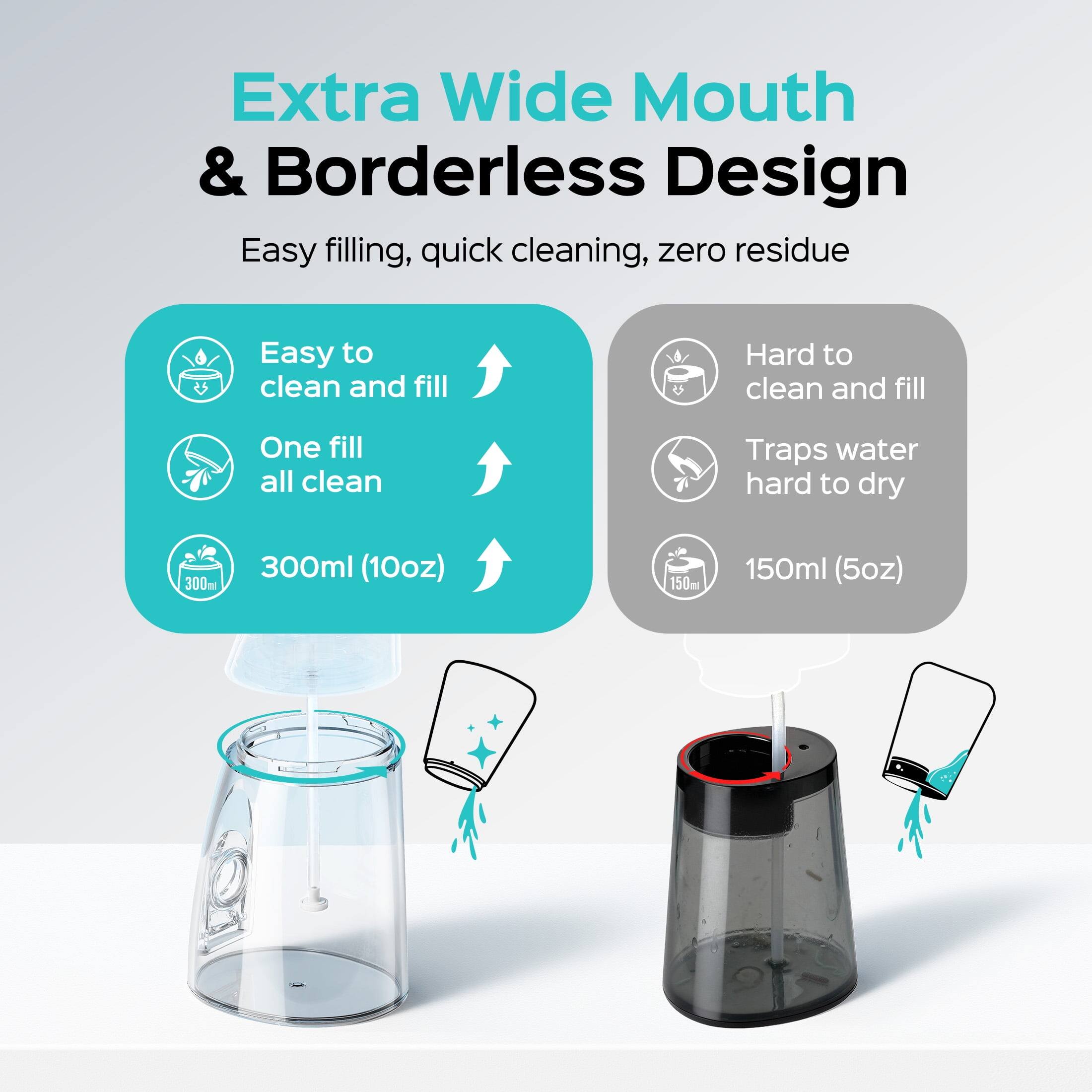 Extra Wide Mouth & Borderless Design  
Easy filling, quick cleaning, zero residue  

Easy to clean and fill  
One fill all clean  

Hard to clean and fill  
Traps water hard to dry  

300ml (10oz)  
150ml (5oz)