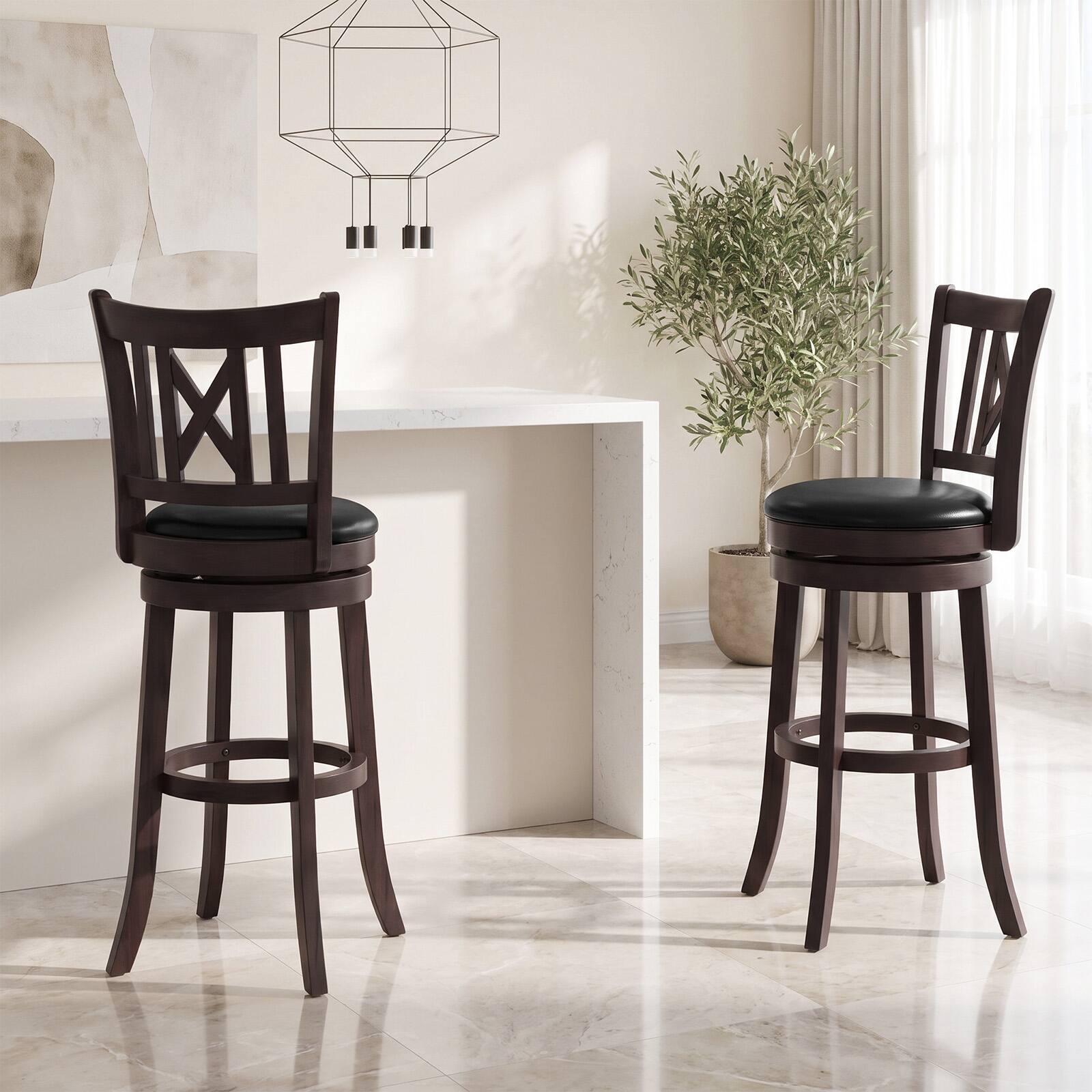 Alt View 3. Costway - Costway Set of 2 Bar Stools 30" Swivel Bar Chairs with Footrest, Hollowed Backrest - Brown 30".