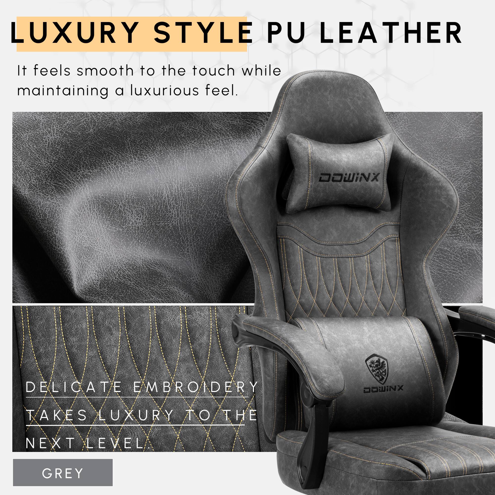 LUXURY STYLE PU LEATHER  
It feels smooth to the touch while maintaining a luxurious feel.  

DELICATE EMBROIDERY  
TAKES LUXURY TO THE NEXT LEVEL  

GREY