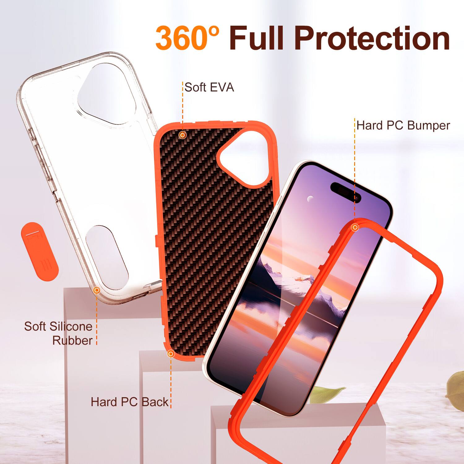 360° Full Protection

- Soft EVA
- Hard PC Bumper
- Soft Silicone Rubber
- Hard PC Back