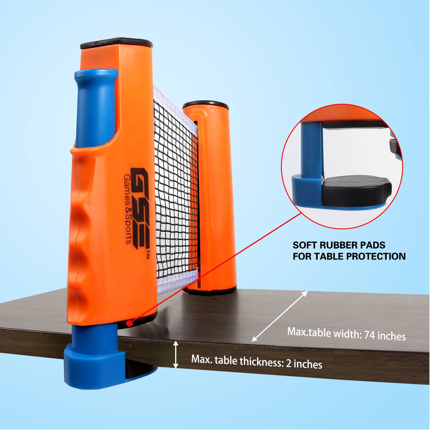 Games &Sports GSE TM SOFT RUBBER PADS FOR TABLE PROTECTION
Max. table width: 74 inches
Max. table thickness: 2 inches