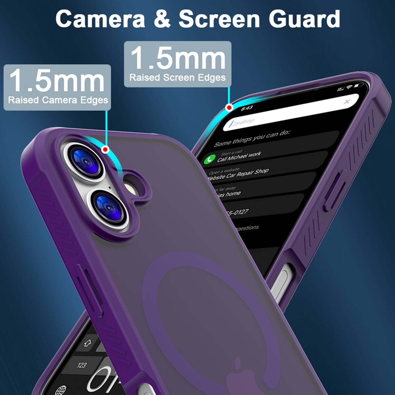 Camera & Screen Guard  
1.5mm Raised Camera Edges  
1.5mm Raised Screen Edges  

Some things you can do:  
- Start a call  
- Call Michael  
- Open a website  
- Website Car Repair Shop  
- Go far away  
- Last home  

Call: 55-0127  
Suggestions.
