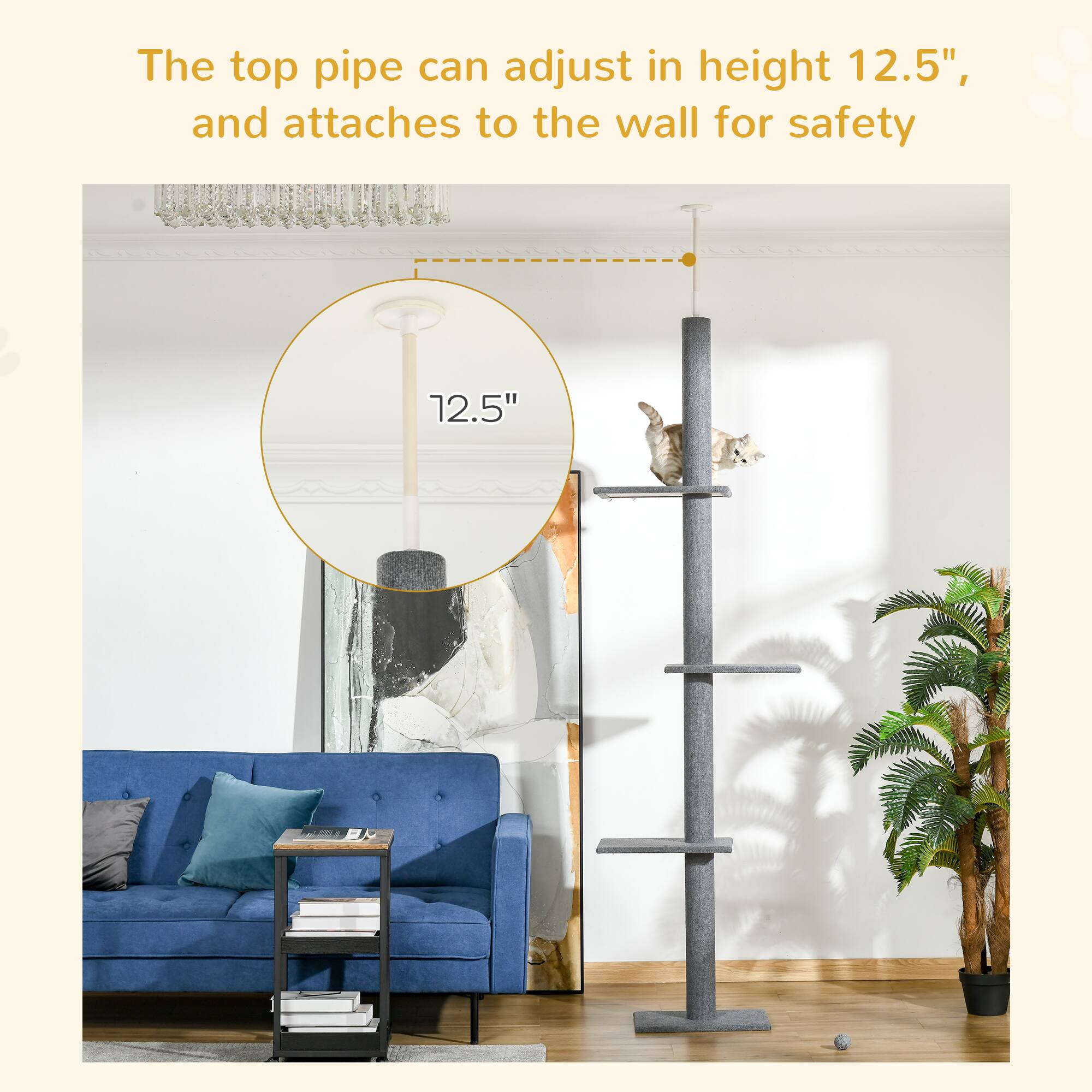 The top pipe can adjust in height 12.5", and attaches to the wall for safety.