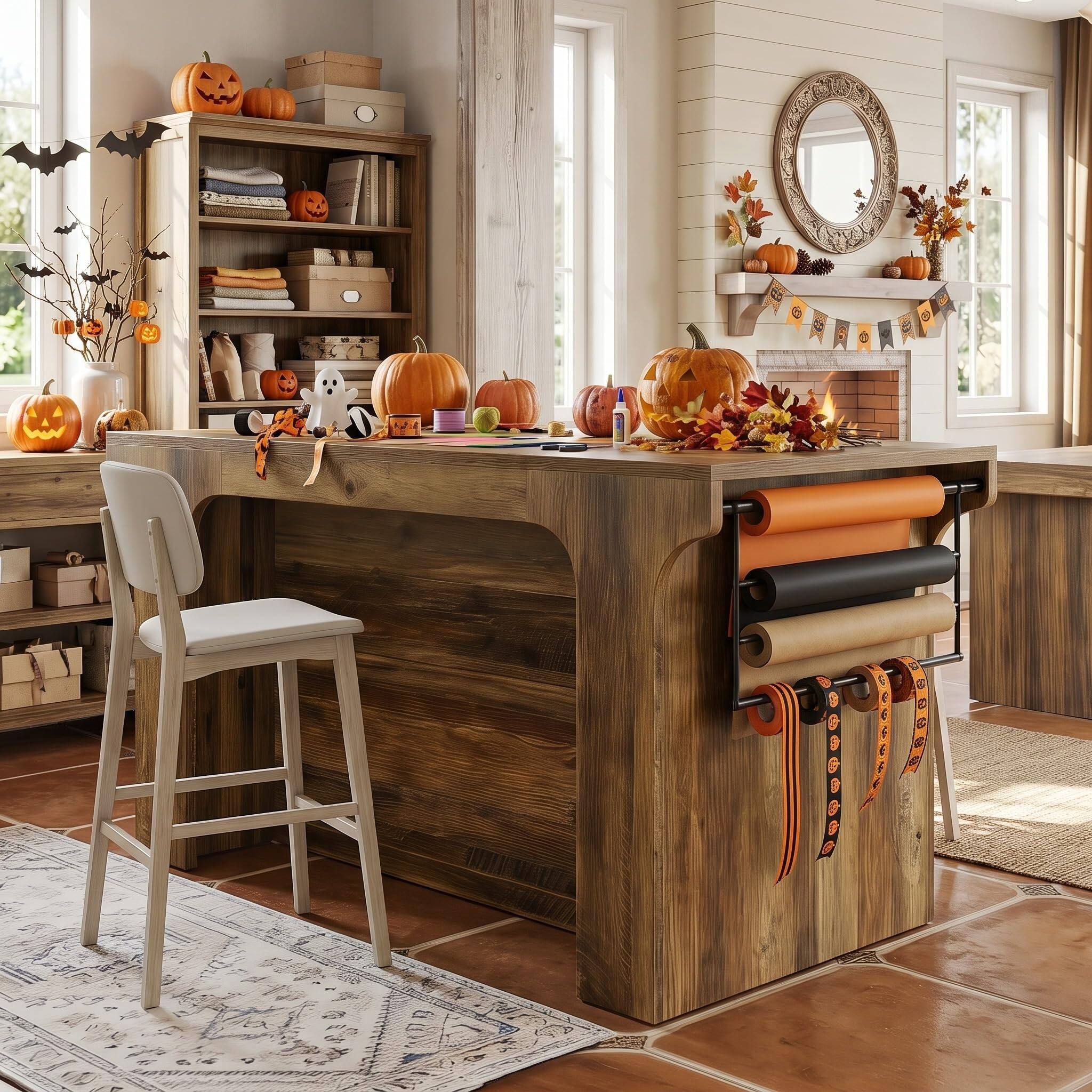 Alt View 4. Tribesigns - Farmhouse Craft Table with Storage, Seating, 2 Hanging Rods - Brown.