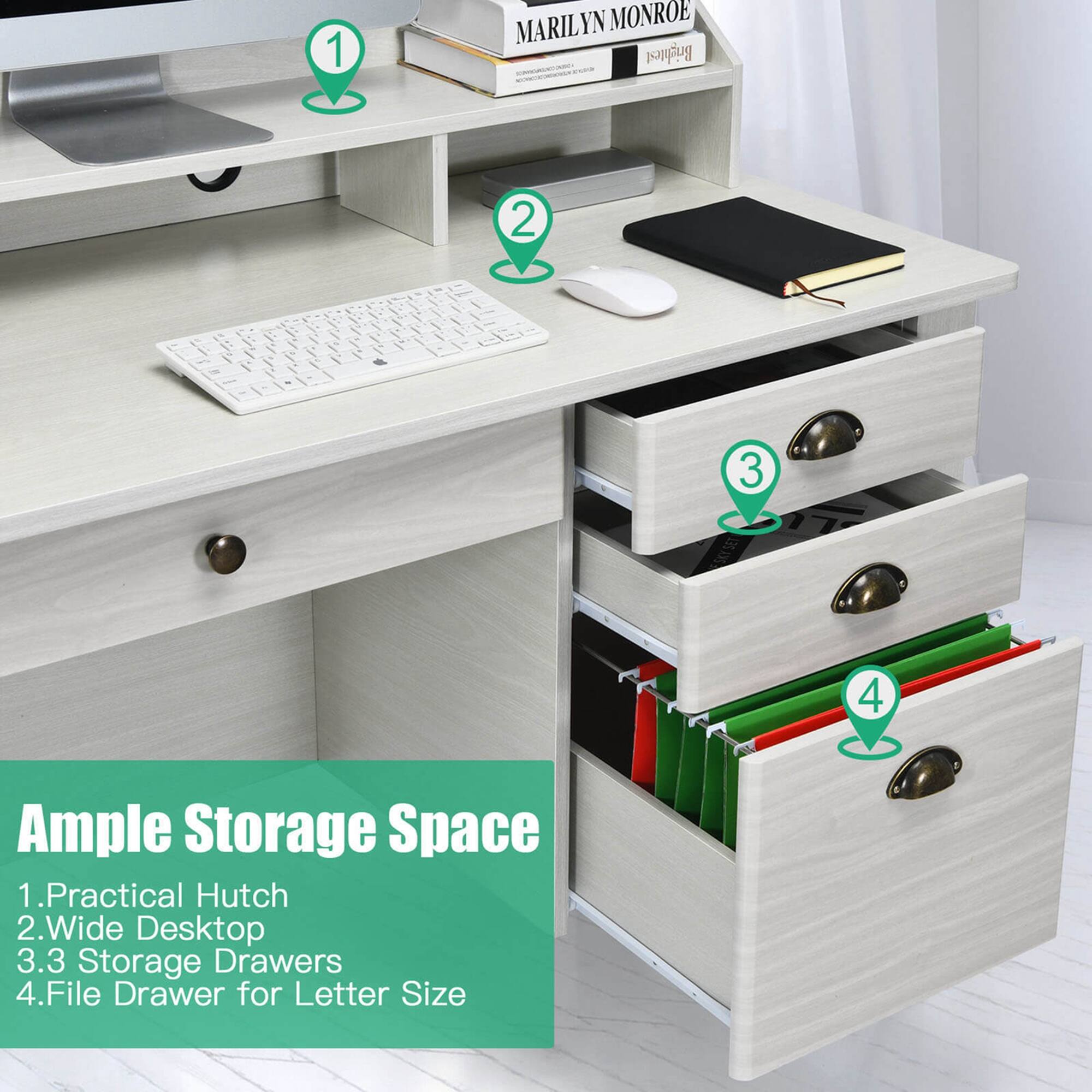 1. Practical Hutch
2. Wide Desktop
3. 3 Storage Drawers
4. File Drawer for Letter Size