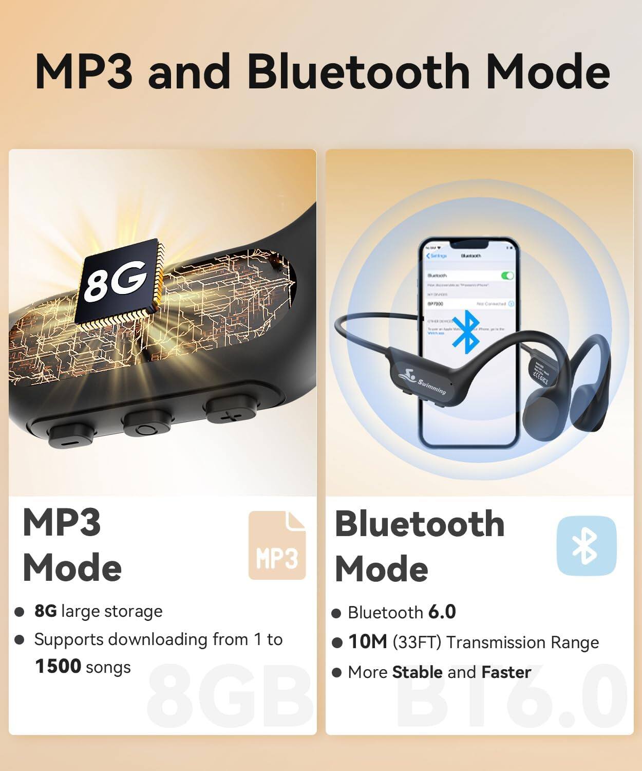 MP3 and Bluetooth Mode

MP3 Mode
- 8G large storage
- Supports downloading from 1 to 1500 songs

Bluetooth Mode
- Bluetooth 6.0
- 10M (33FT) Transmission Range
- More Stable and Faster