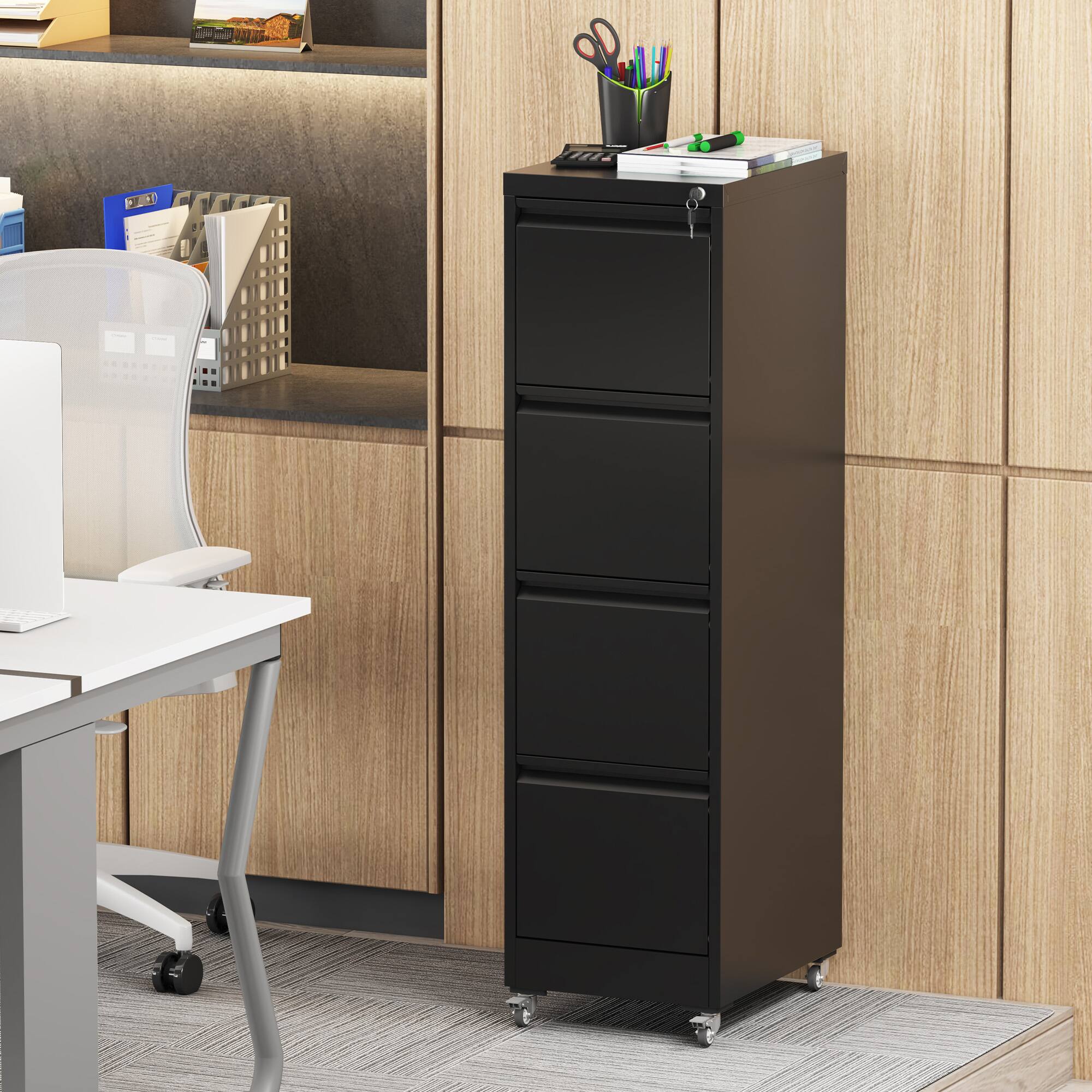 GOODSILO - Heavy-Duty 4 Drawer Locking Vertical File Cabinet with Wheels for Office and Home Document Storage - Black