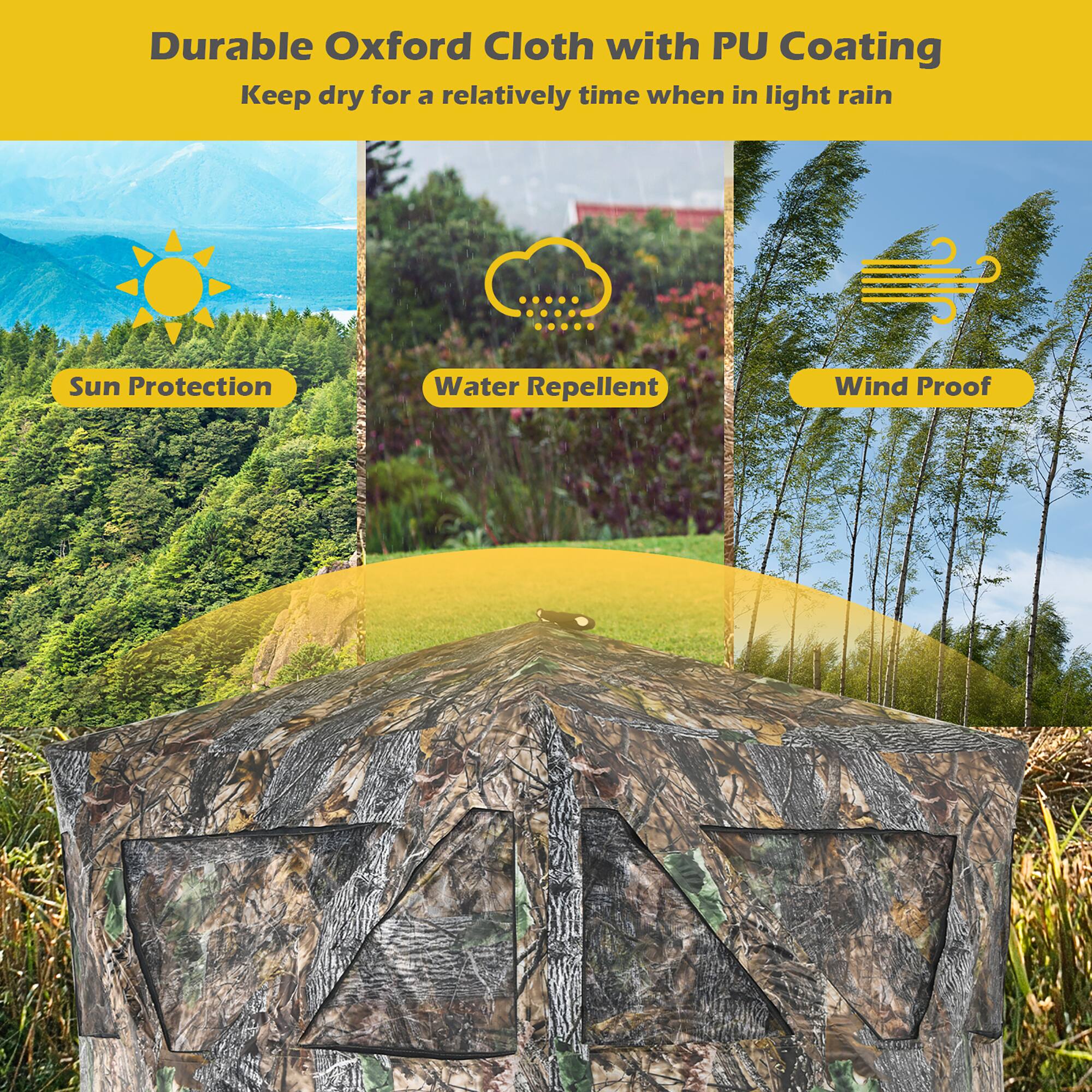 Durable Oxford Cloth with PU Coating  
Keep dry for a relatively time when in light rain  

Sun Protection  
Water Repellent  
Wind Proof