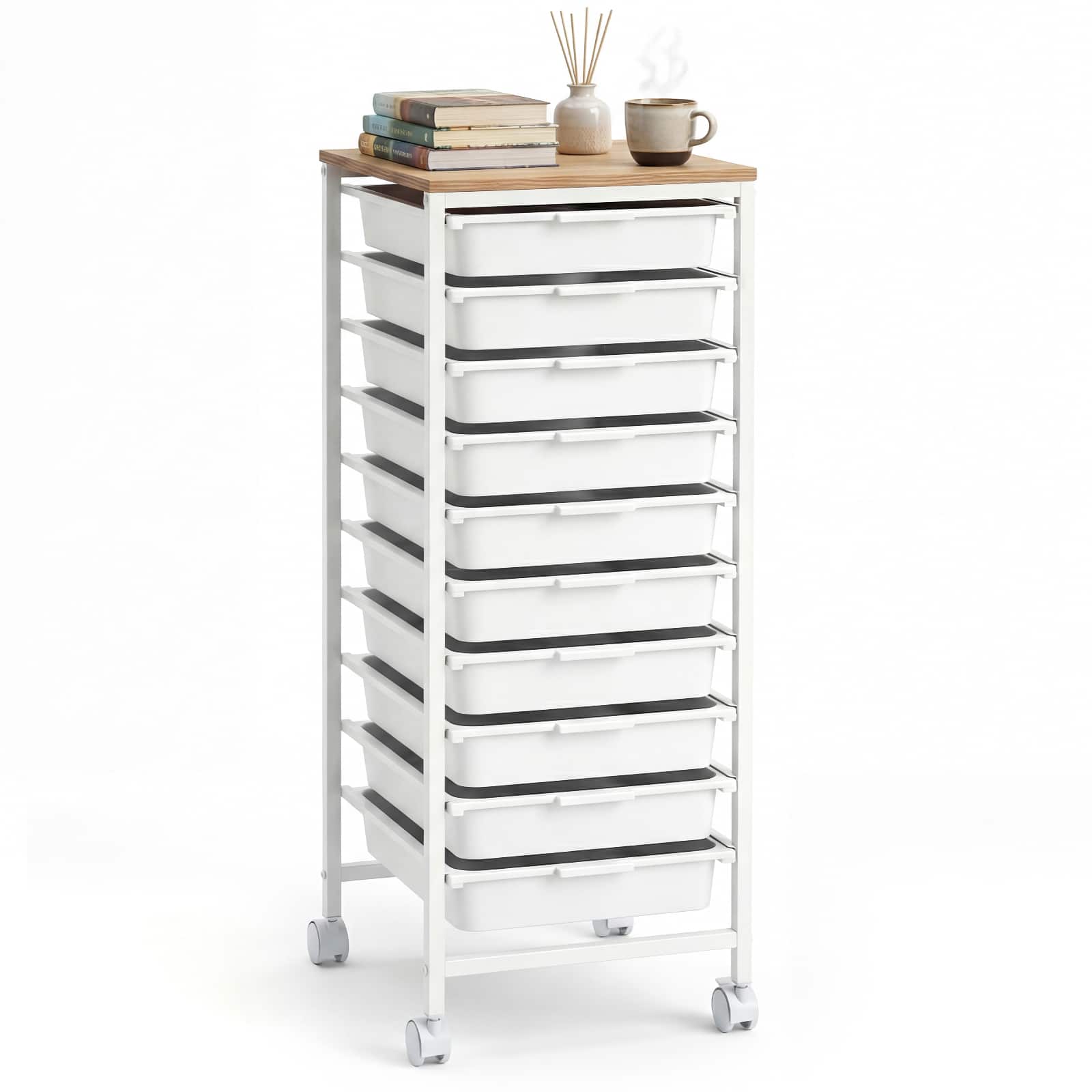 Costway - 10-Drawer Rolling Art & Craft Storage Carts, Mobile Utility Organizer with Wooden Tabletop - Natural + White