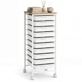 Costway - 10-Drawer Rolling Art & Craft Storage Carts, Mobile Utility Organizer with Wooden Tabletop - Natural + White