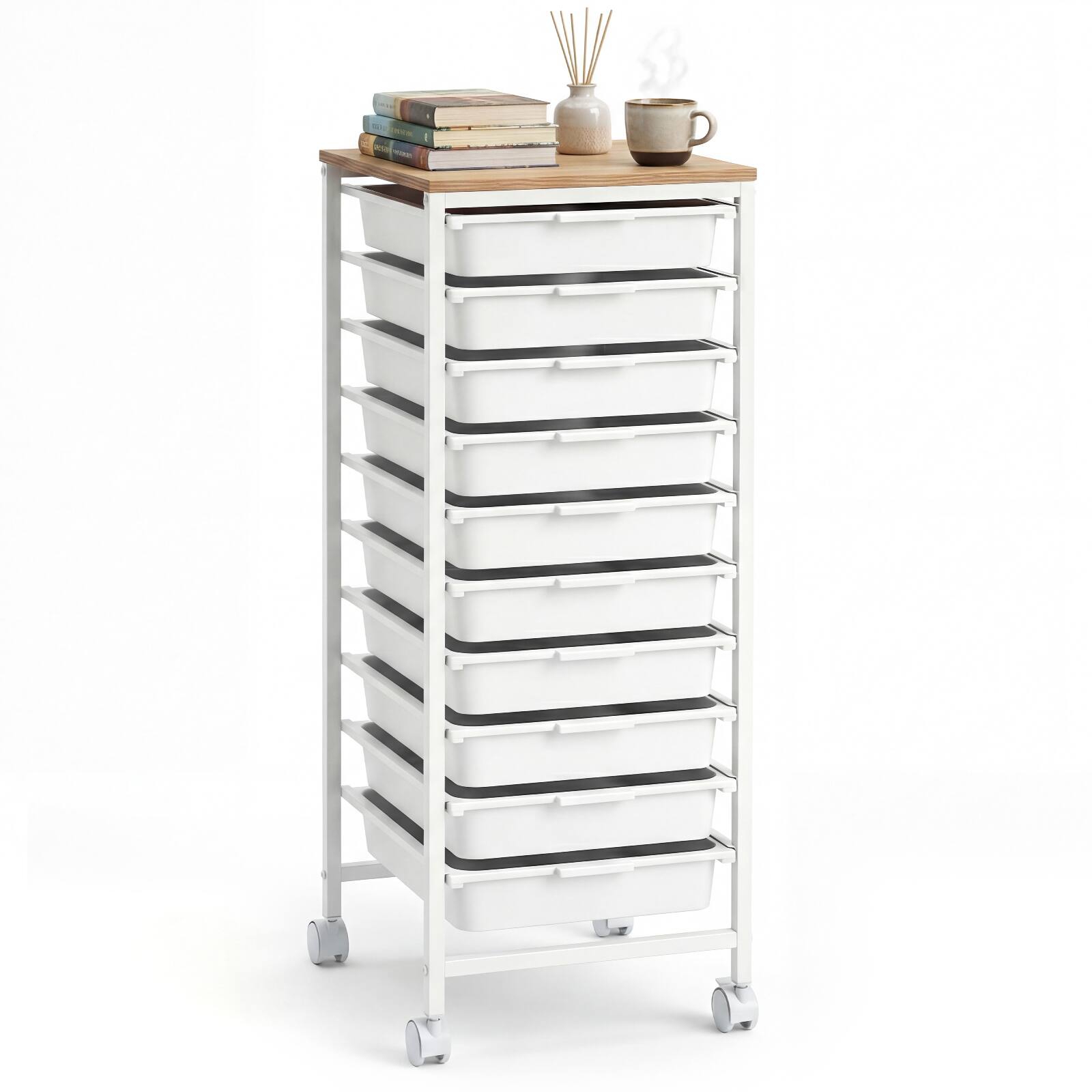 Front. Costway - Costway 10-Drawer Rolling Art & Craft Storage Carts, Mobile Utility Organizer with Wooden Tabletop - Natural + White.