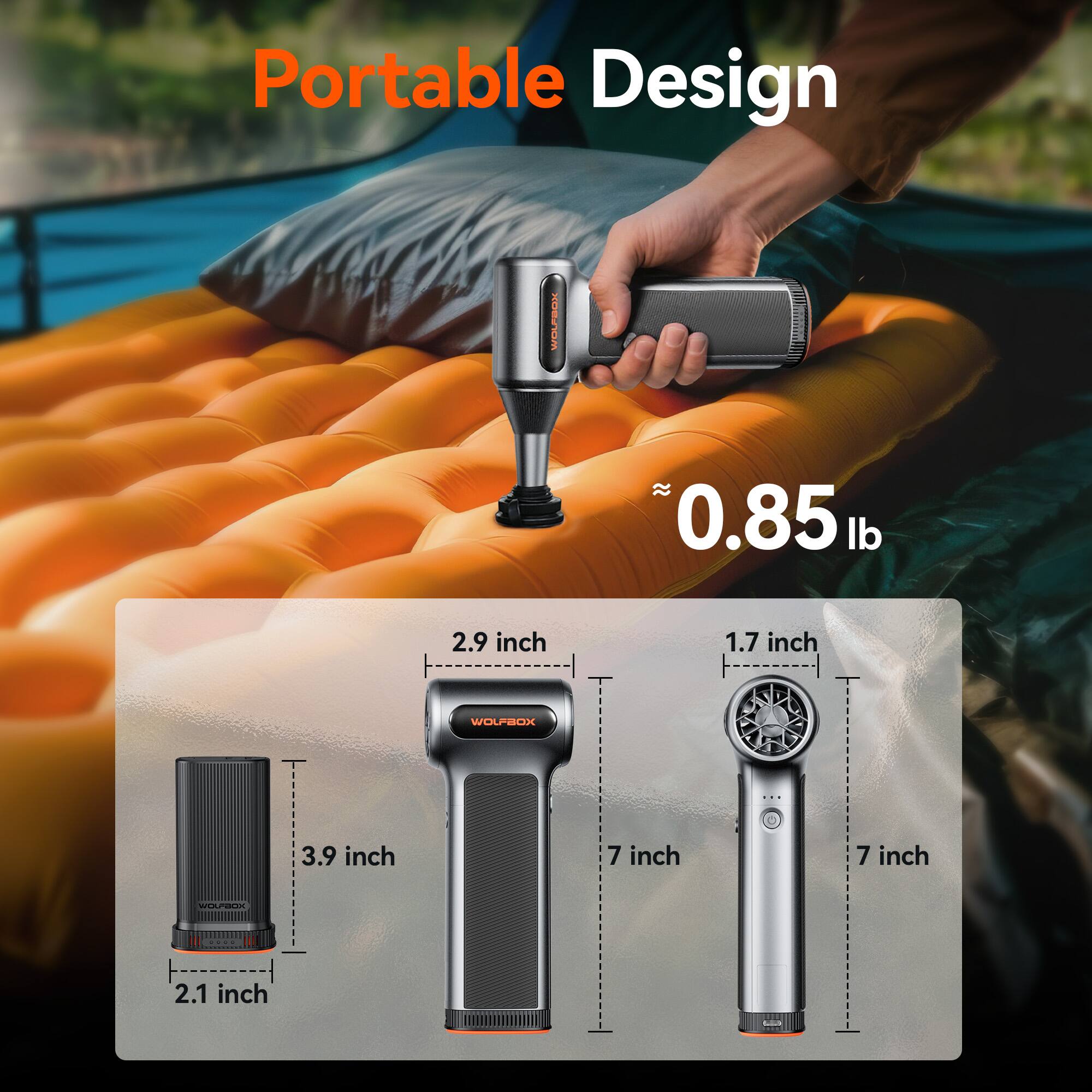 Portable Design  
WOLFBOX  
0.85 lb  
2.9 inch  
1.7 inch  
WOLFBOX  
3.9 inch  
7 inch  
7 inch  
2.1 inch