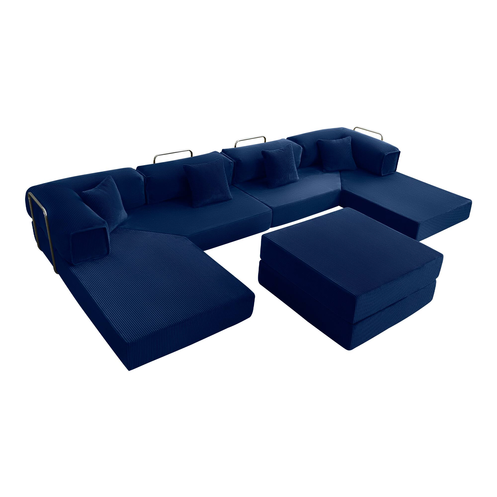 Angle. Brick Attic - 170 Inch Oversized Convertible Modular Sofa Bed with Double Cushions Deep Seat Floor Couch for Family Room - Navy blue.