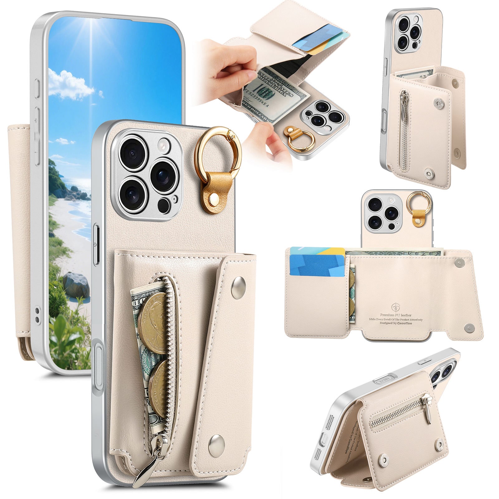 Dteck - Zipper Wallet Card Purse Case For iPhone 16 Pro Max, Shockproof PU Leather PC+TPU Cash Credit Card Holder Cover - Beige price history on PriceWatchPro