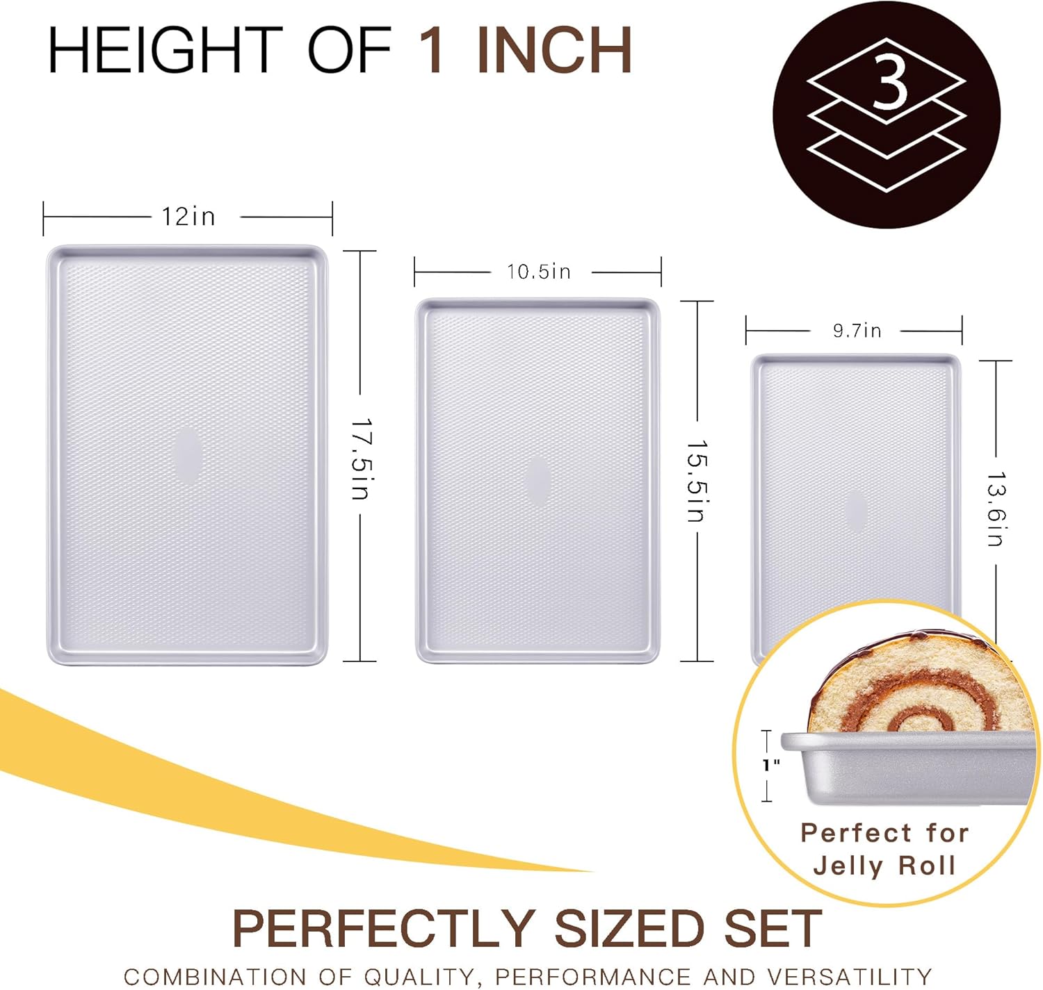 HONGBAKE - 3 Pack Nonstick Ceramic Baking Sheet Pan Set for Oven, Heavy Duty 0.8mm Thick Aluminized Steel Cookie Trays for Cooking - Gray - Thumbnail 4