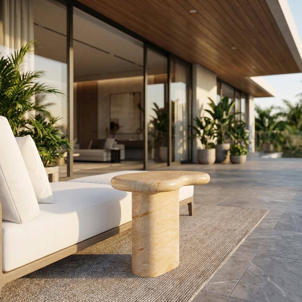 Angle. Outdoor Escape - Outdoor Side Table, Textured Faux Surface, Neutral Finish, Indoor Or Outdoor Use - Gray.