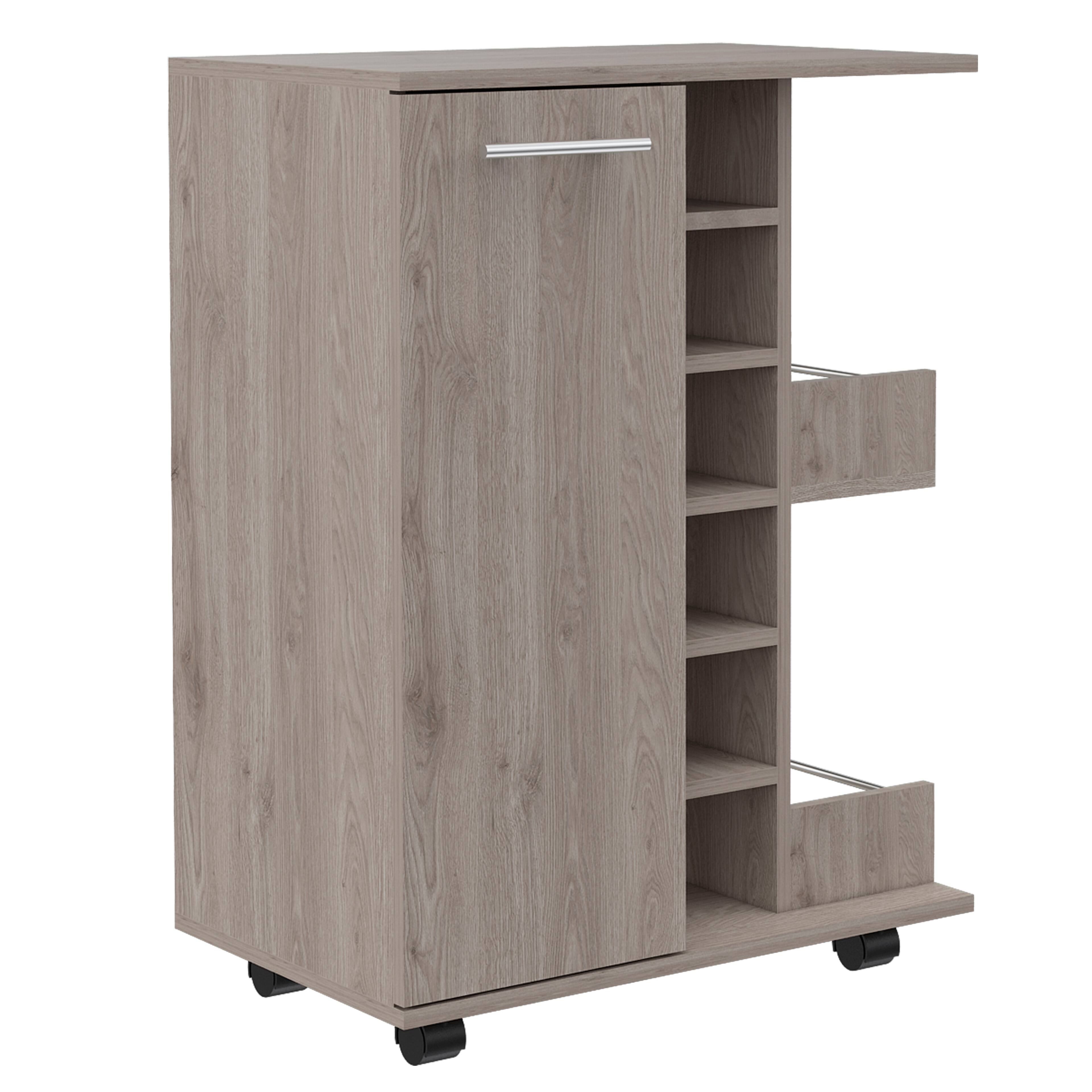 Angle. TinyHomie - Bar Cart Two External Shelves Four Casters Six Built-in Wine Rack Single Door Cabinet -Light Gray.