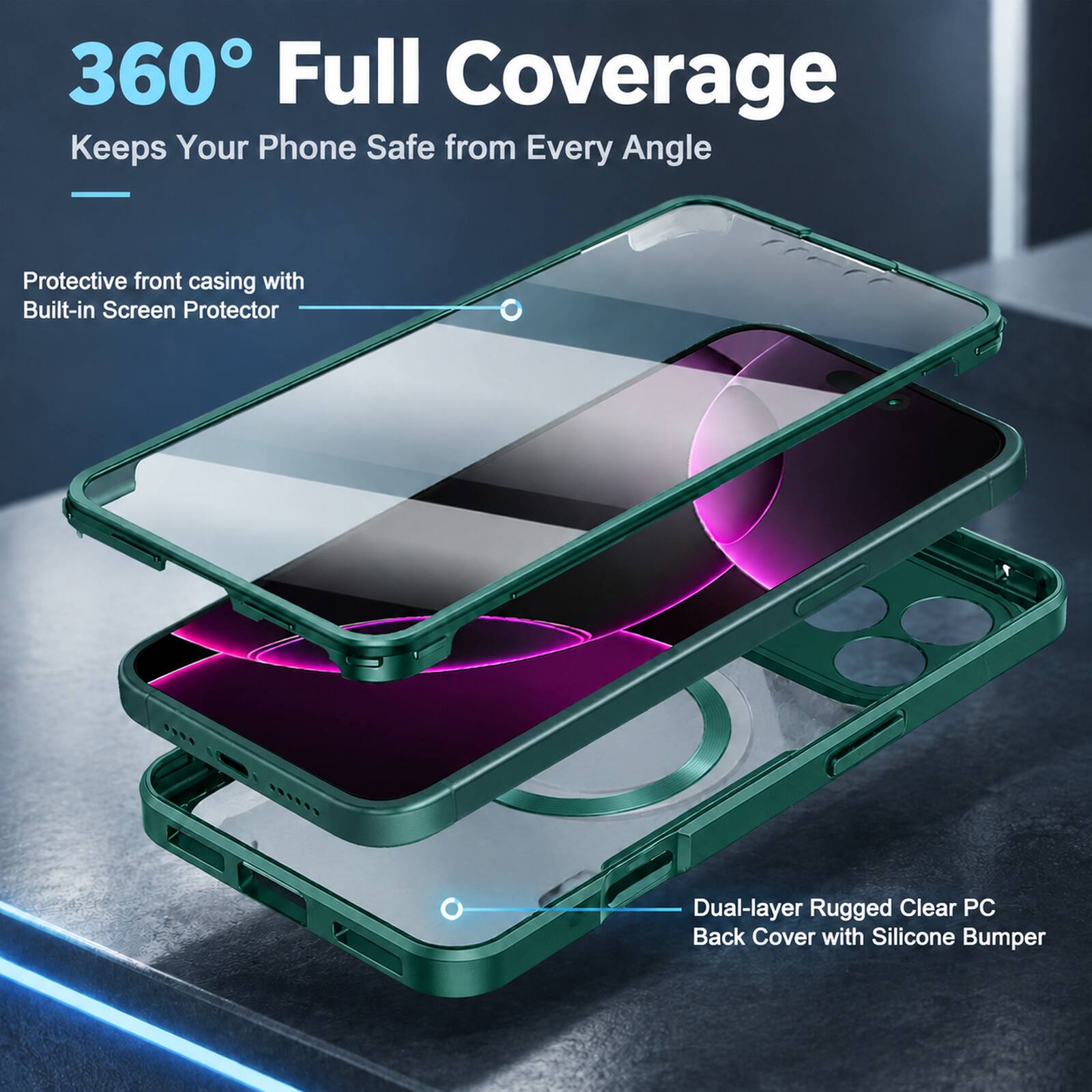 360° Full Coverage  
Keeps Your Phone Safe from Every Angle

Protective front casing with Built-in Screen Protector

Dual-layer Rugged Clear PC Back Cover with Silicone Bumper