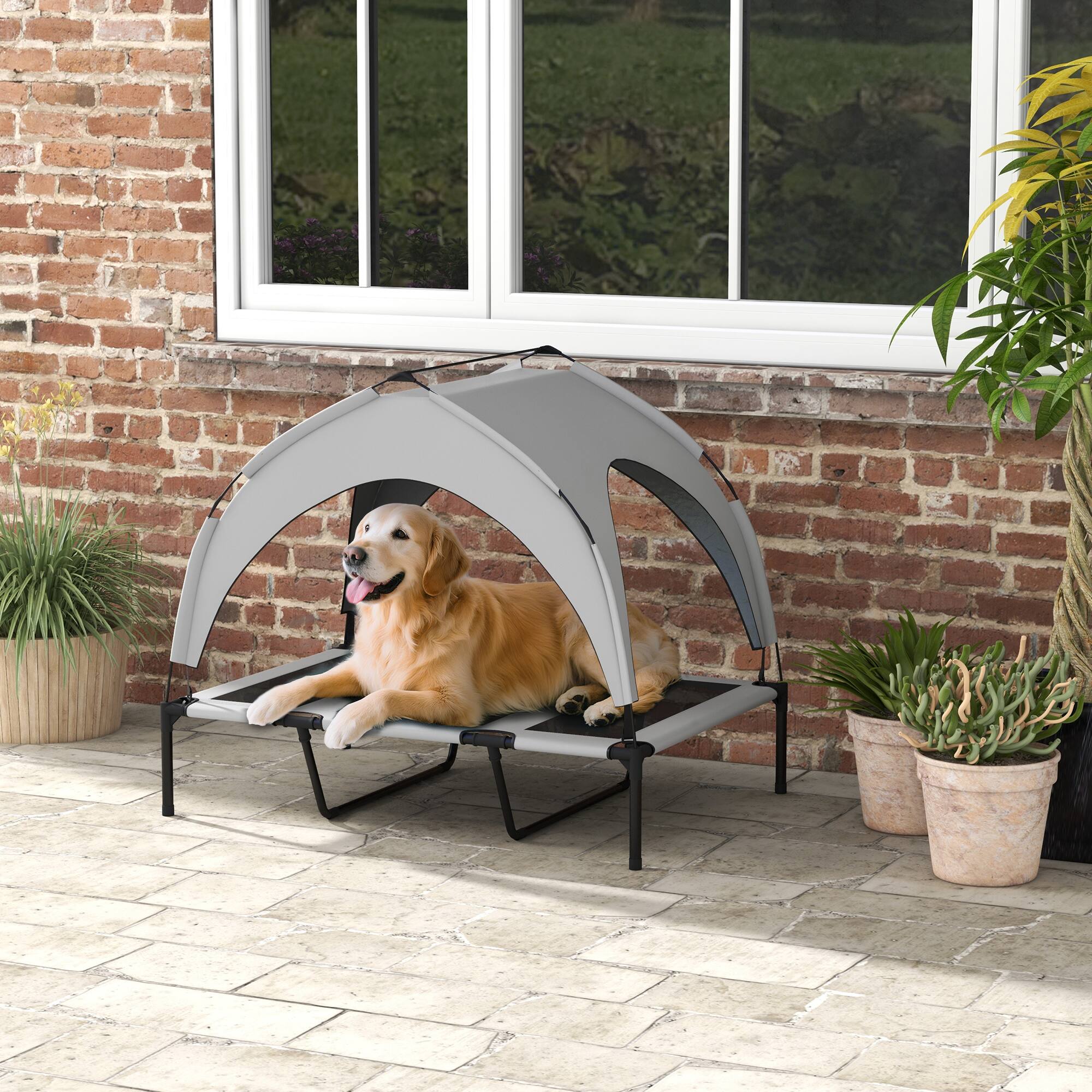 Alt View 1. Pawhut - Dog Bed with Canopy, Raised Outdoor Pet Bed for Camping with Washable Breathable Mesh - Light Gray.