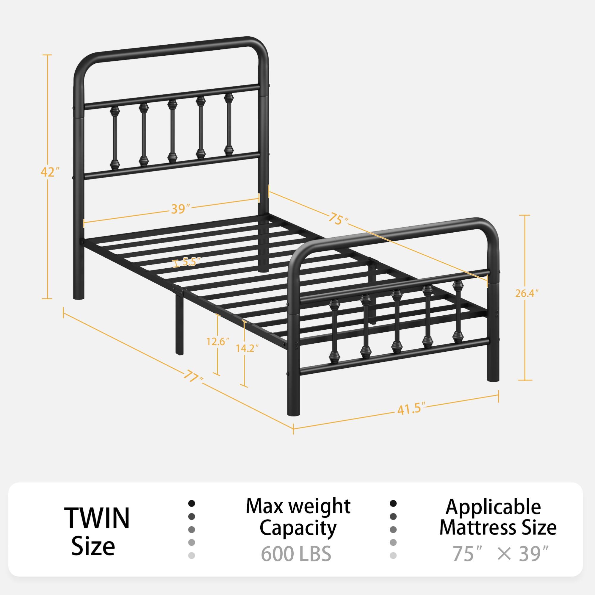 42"  
39"  
75"  
15"  
26.4"  
12.6"  
14.2"  
41.5"  

TWIN Size  
Max weight Capacity 600 LBS  
Applicable Mattress Size 75" X 39"