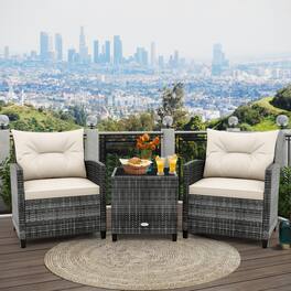 Gymax - 3PCS Patio Rattan Furniture Bistro Set Cushioned Sofas Side Table Armrest - Beige