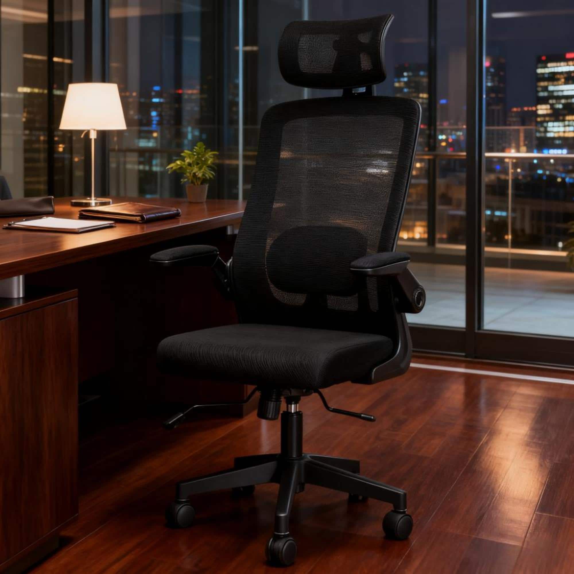 GOODSILO - Ergonomic Mesh Office Chair with Adjustable Headrest, Lumbar Support, and Flip-Up Armrests - Black