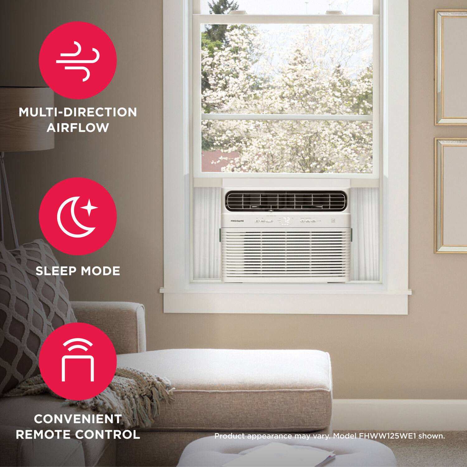 The text on the image can be grouped and corrected as follows:

1. Multi-direction airflow
2. Sleep mode
3. Convenient remote control

The product appearance may vary, and the model EHWW125WE1 is shown.