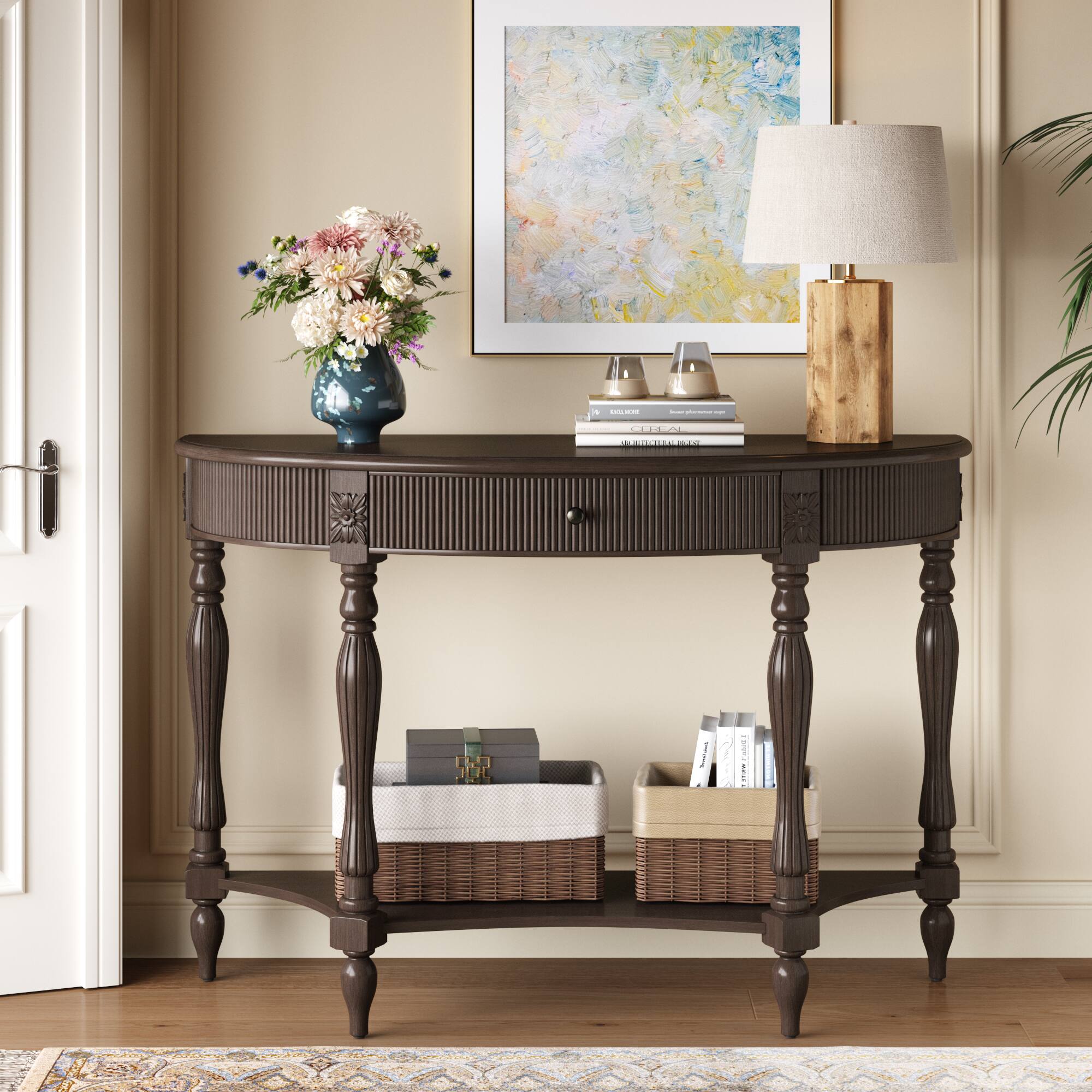 MERAVOM Solid Wood Half Moon Console Table with Drawer and Shelf ...